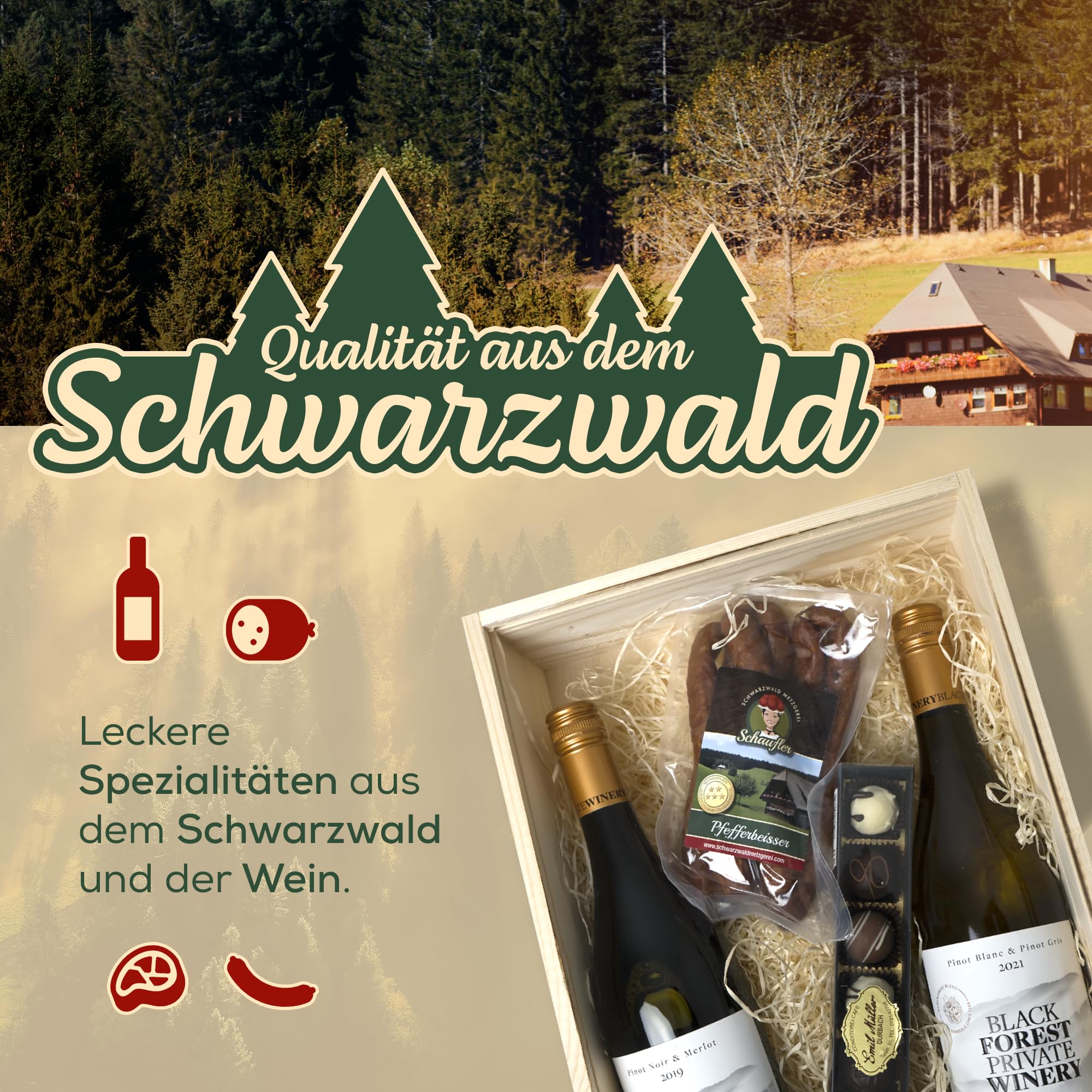 Schwarzwald Metzgerei Schaufler Badische Weinkiste - Rot- und Weißwein mit Pralinen und Knabberwurst-Pfefferbeisser 4-teilig