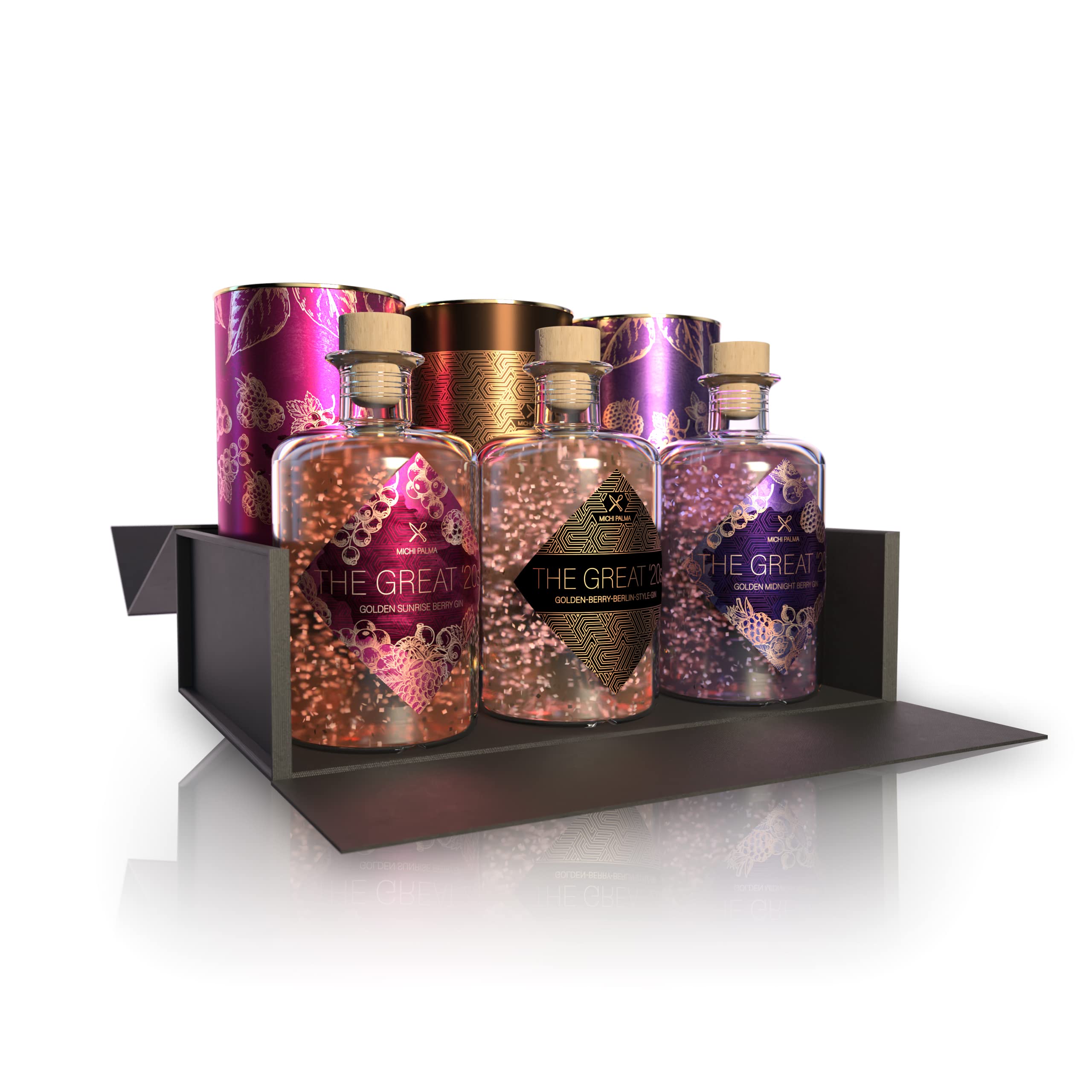 Michi Palma | The Great Trio, Berry Geschenkset auf Gin-Basis (3 x 0.5 l) | Verpackt in einer hochwertigen schwarzen Magnetbox | Goldene Gin-Geschenkidee | Premium Spirituose