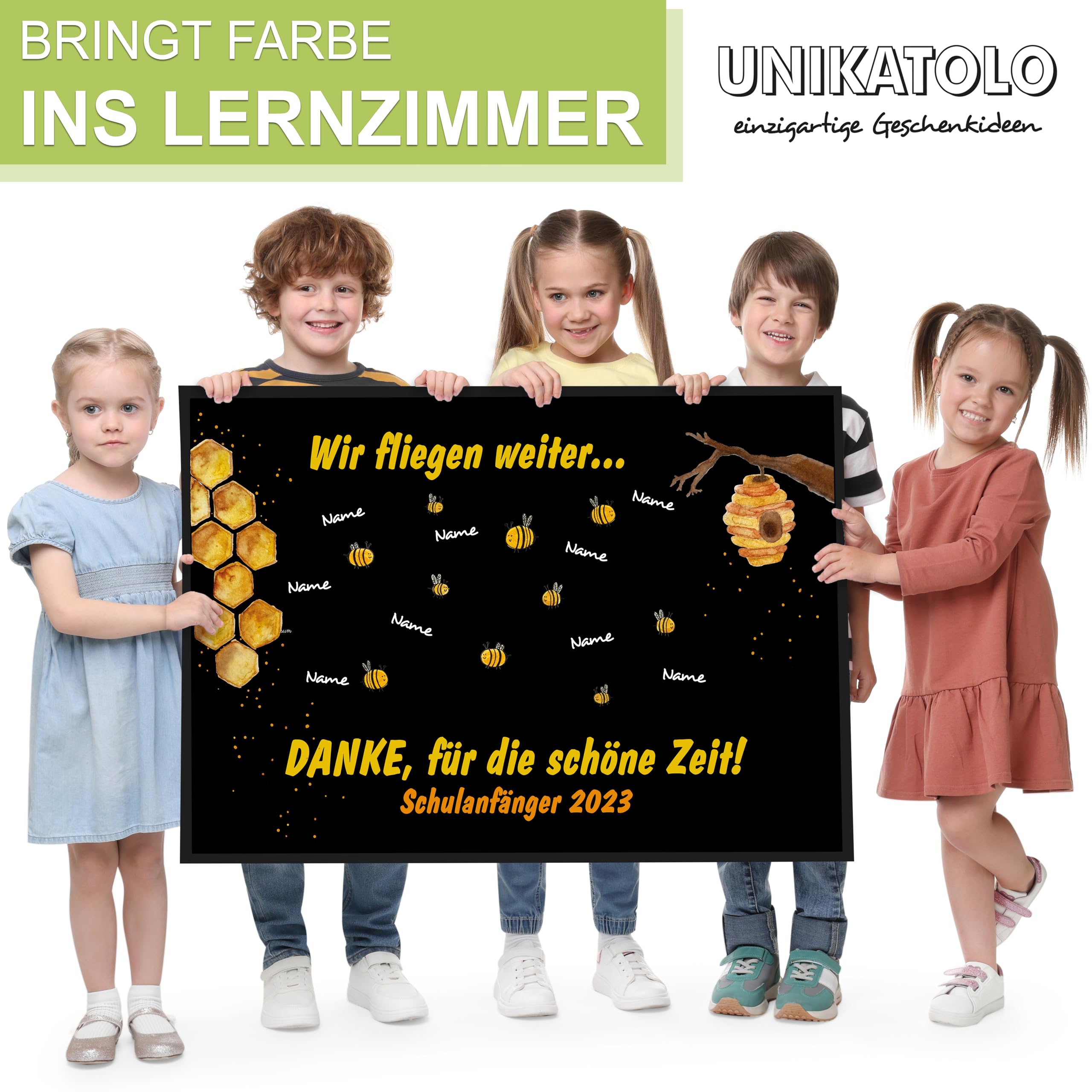 Fußmatte Kita Abschiedsgeschenk Motiv mit Namen und Text personalisiert- Erzieherin, Lehrer, Kindergarten, Schulanfang, Geschenk, Teppich, Fußabtreter, Vorleger (105 x 70 cm) Bienen