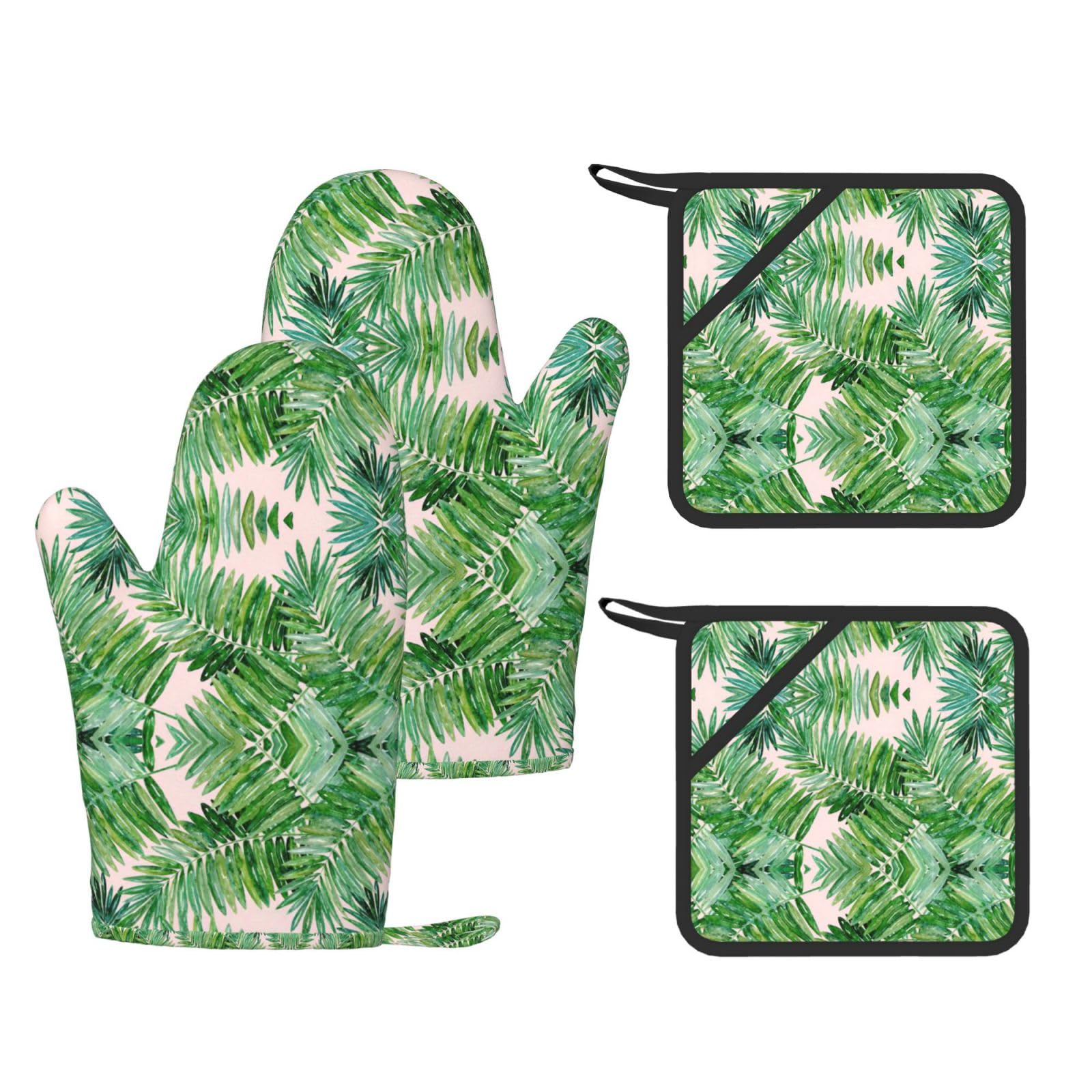 Eeprty Black Palm Tree Leaves Printed Kitchen Oven Gloves And Potholder 4 Pcs, Non-Slip Heat Resistant Mitts For Baking Chef