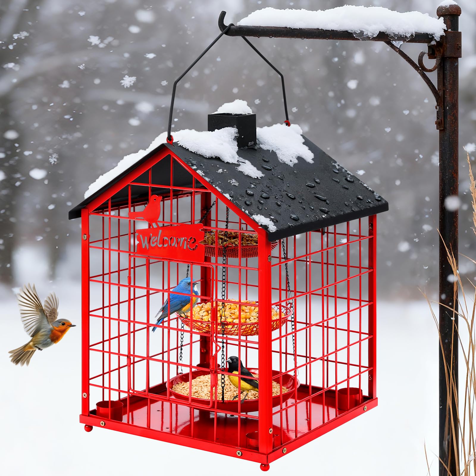 Mangeoires à oiseaux pour l'extérieur, mangeoire à oiseaux bleus en métal, énorme mangeoire à oiseaux en cage résistante aux écureuils avec 4 tasses, mangeoires à oiseaux sauvages à suspendre à