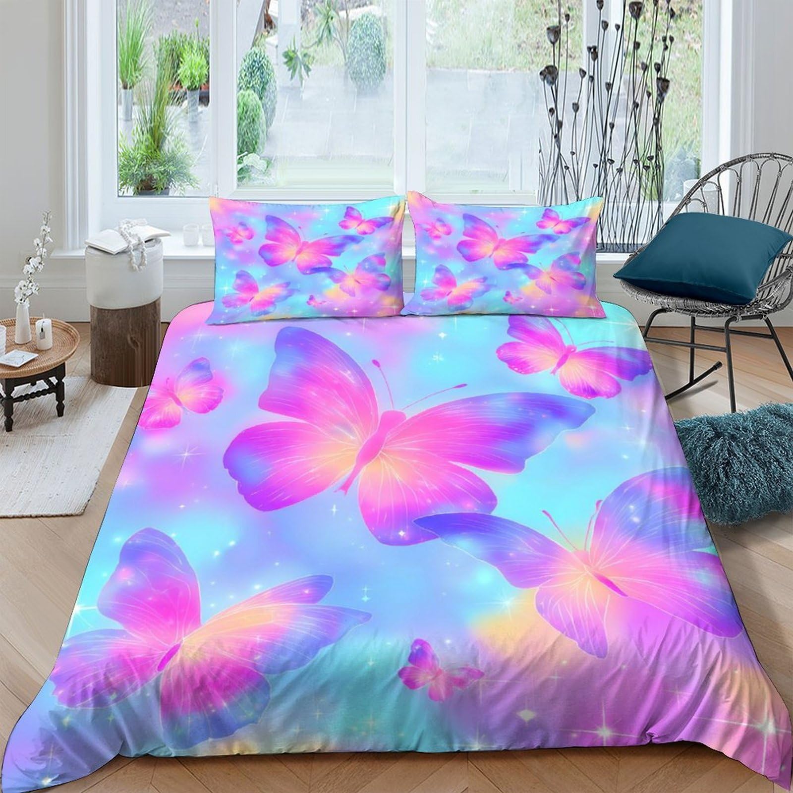 Ctjqhvkz Style-4 3D Printed Pastel Butterfly Fitted Sheet Microfiber Soft Bedroom Decor Gradient Rainbow Mattress Cover Anti-Slip Machine Washable Single（135X200cm）
