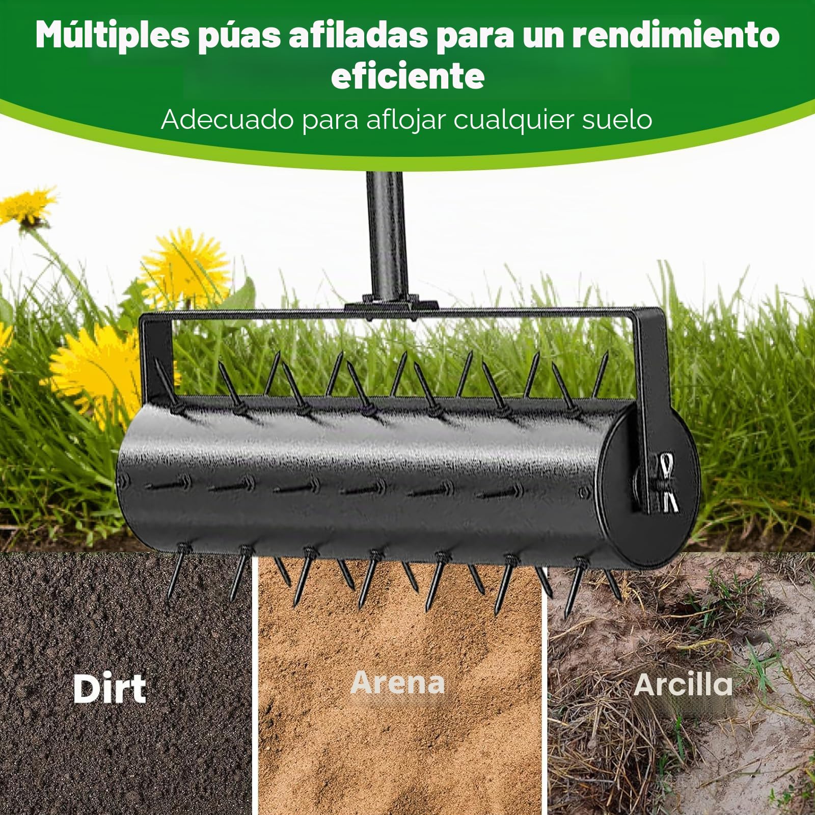 JAOGAUS Aireador y Escarificador de Césped Manual, Rodillo con Mango de Metal Extraíble Telescópico Ajustable de 3 Niveles, Clavos de 5 Cm, Herramienta Resistente para Jardín y Patios