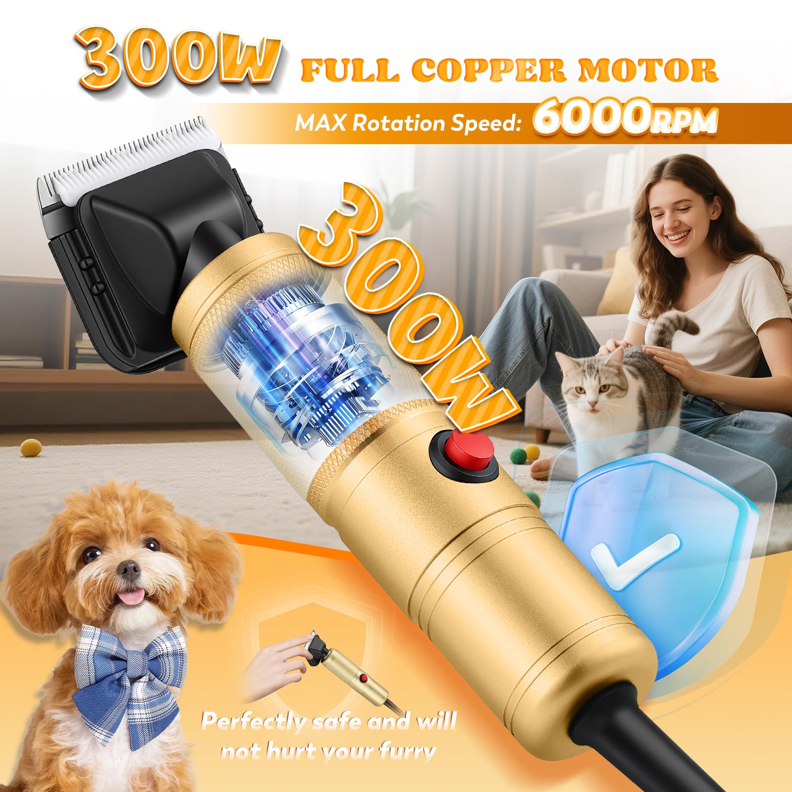 Moongiantgo Tondeuse pour Chien Professionnelle 300W, Vitesse Réglable 2000-6000RPM, Lames Céramique Amovibles, Tondeuse Animaux avec 1 Lame Supplémentaire & 2 Peignes (Doré)
