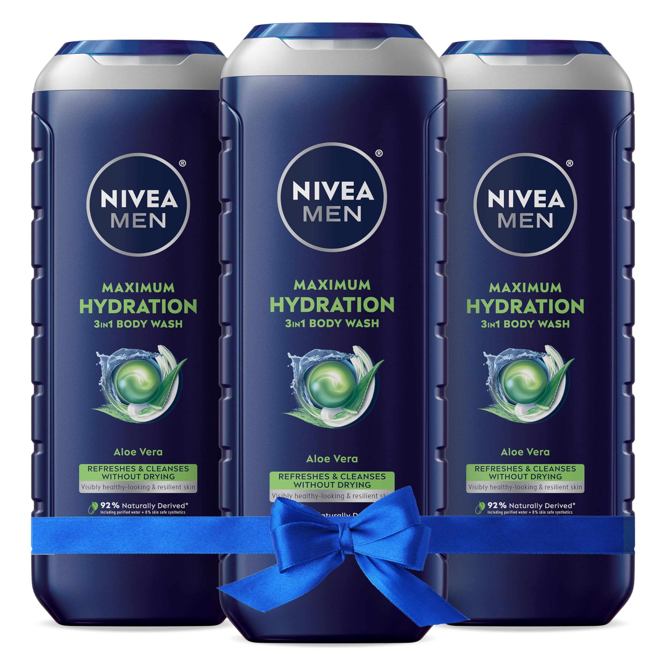 Nivea Men Maximum Hydration Body Wash for Dry Skin, Aloe Vera Enriched, 3-in-1 Moisturizing Body Wash, Face and Hair, Paraben Free, Vegan Formula, 16.9 Fl Oz Bottle, Pack of 3