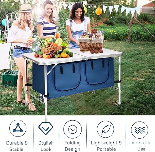 Miniatura 5 de Mesa de camping plegable con almacenamiento, mesas plegables de aluminio portátiles, mesa de playa plegable de altura ajustable para interiores y