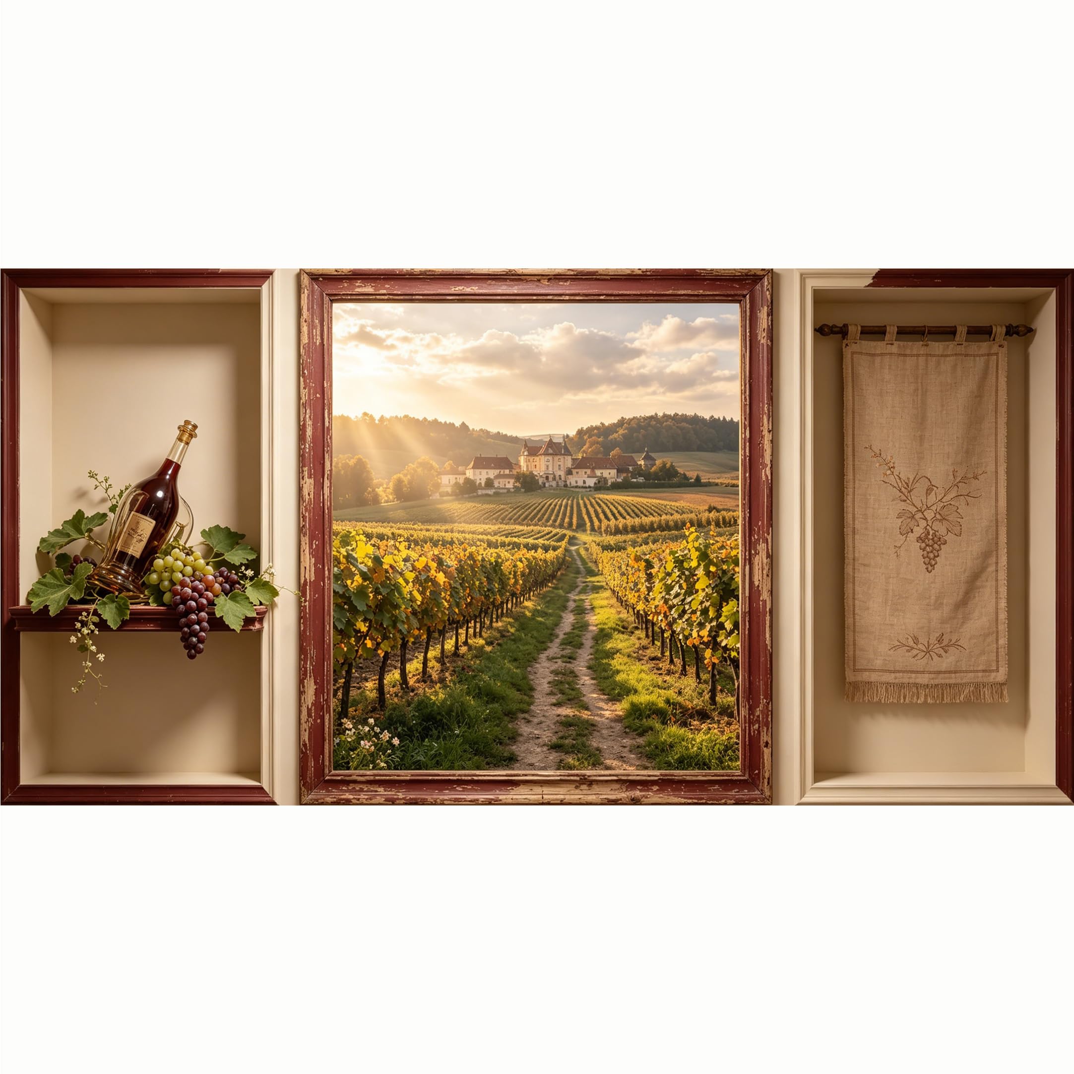 QZLITHOTIC 50x100cm 3D Framed Wall Art， Tuscany Vineyard Landscape Wine Bottle， Self‑Adhesive Mural， Water‑Activated Peel & Stick Fabric Decor Wall Decal for Bedroom Living Room