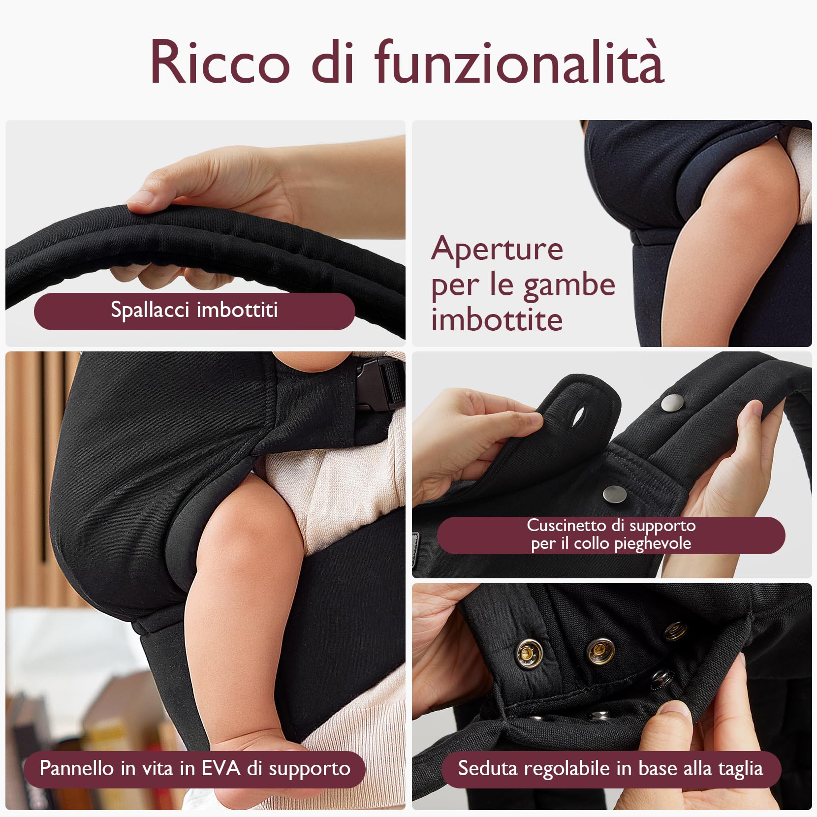 Marsupio Momcozy - Ergonomico, confortevole e leggero, per bambini da 3 a 20 kg (3-24 mesi), facile da indossare, ideale per genitori a mani libere, Nero