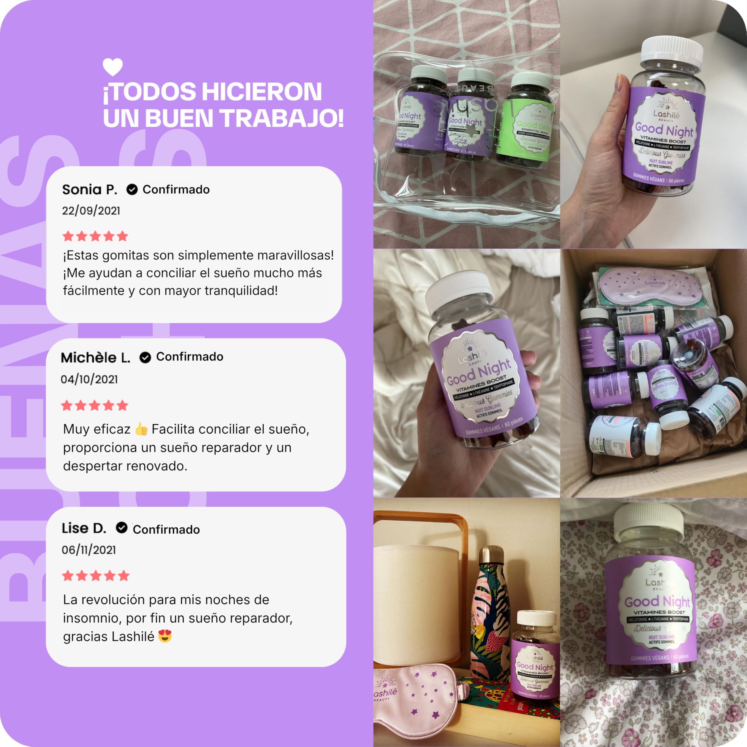Lashilé Beauty - Complementos Alimenticios - Sueño reparador y conciliación rápida - Good Night Vitamines - Melatonina 1,9 mg, L-Teanina, Vit B6 - Fabricado en Francia - 60 Gummies