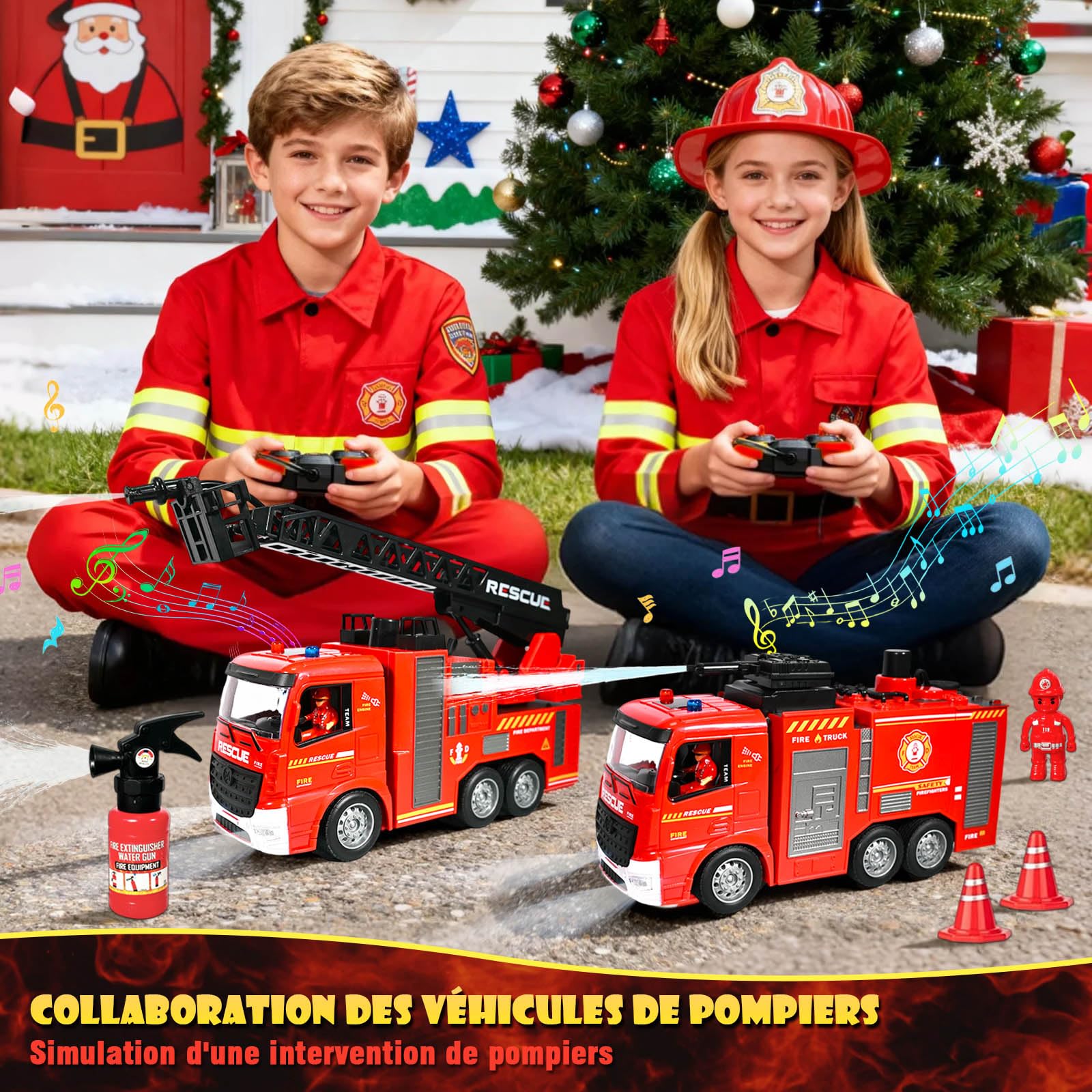 2 Camion Pompier Enfant, Voiture Pompiers Telecommandé avec Pulvérisation d'eau Lumière, Échelle Pivotante, Son Fonction et Pompiers, 2,4GHz Camion Pompier Enfant de 6-12 Ans