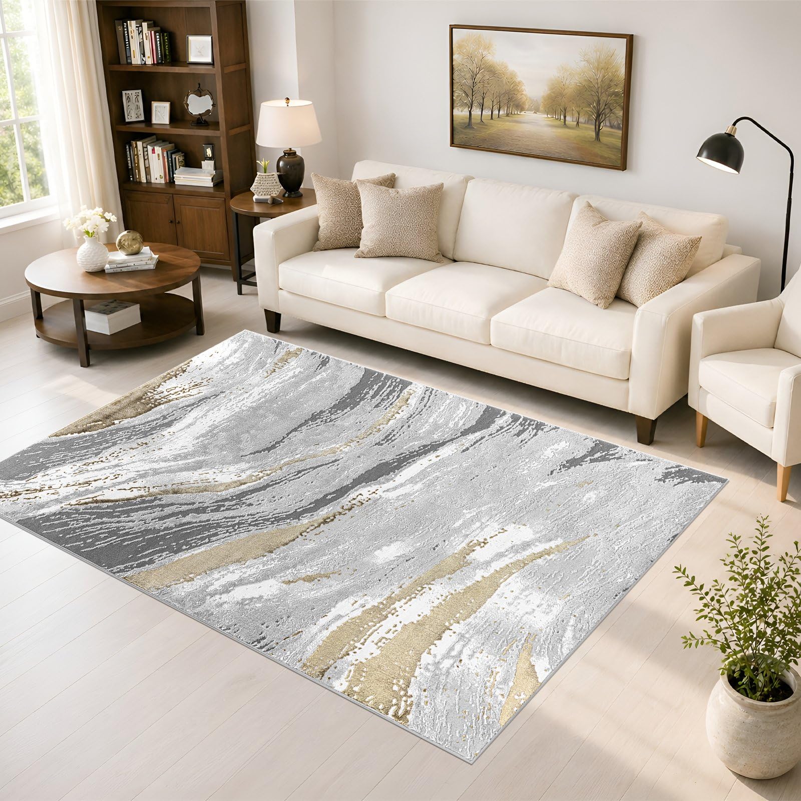 renoazul® Jute Back Large Living Room Rugs - Jeze Abstract Ochre Rug - 160 x 230 cm - Washable Extra Large Rug For Bedroom, Lounge and Dining Room