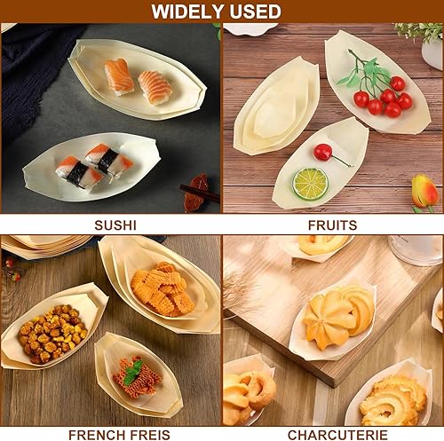 Miniatura 6 de 300 platos de madera desechables, diseño rústico, bandeja biodegradable para servir alimentos, platos de 5 pulgadas, para mini barco de sushi,