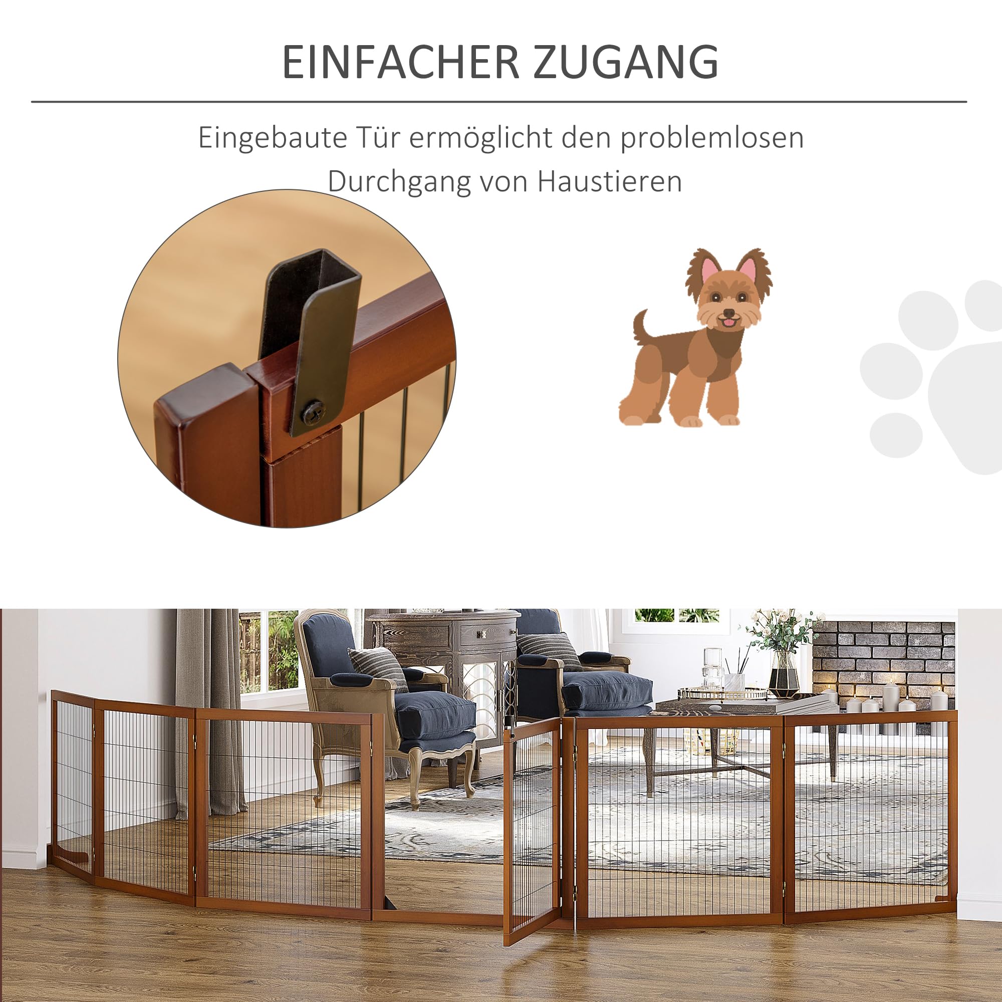 PawHut Barrera para Perros de 6 Piezas, 432 x 70 cm, Puerta de Seguridad Plegable con 2 Patas de Apoyo y Puerta Independiente para Pasillos y Escaleras