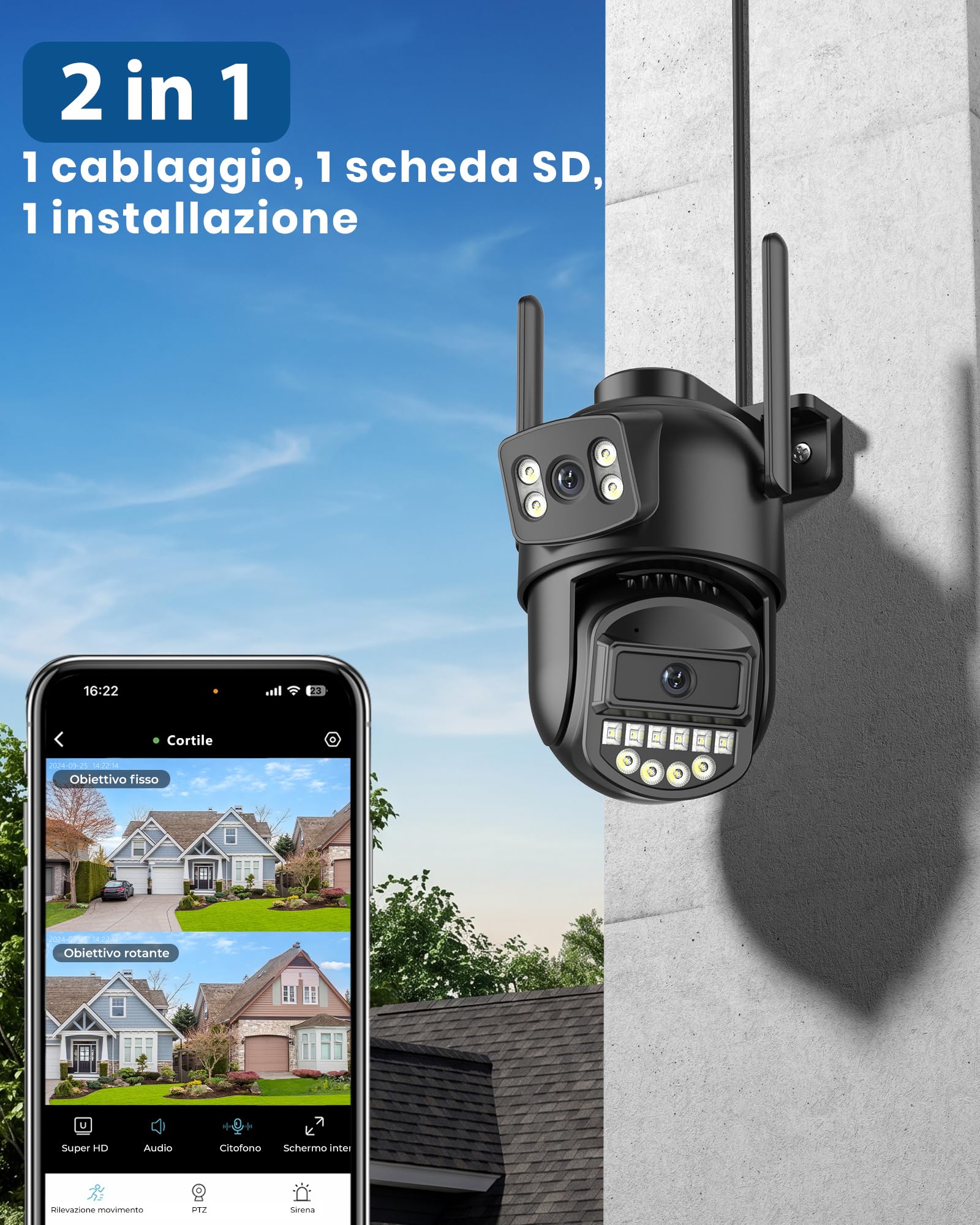 ANBIUX Telecamera Wi-Fi Esterno,Doppio Obiettivo 2K,2.4/5Ghz,Ethernet,360°PTZ,Visione Notturna,Audio Bidirezionale,Rilevamento Persone,Cavo per patii/giardini/garage,IP66
