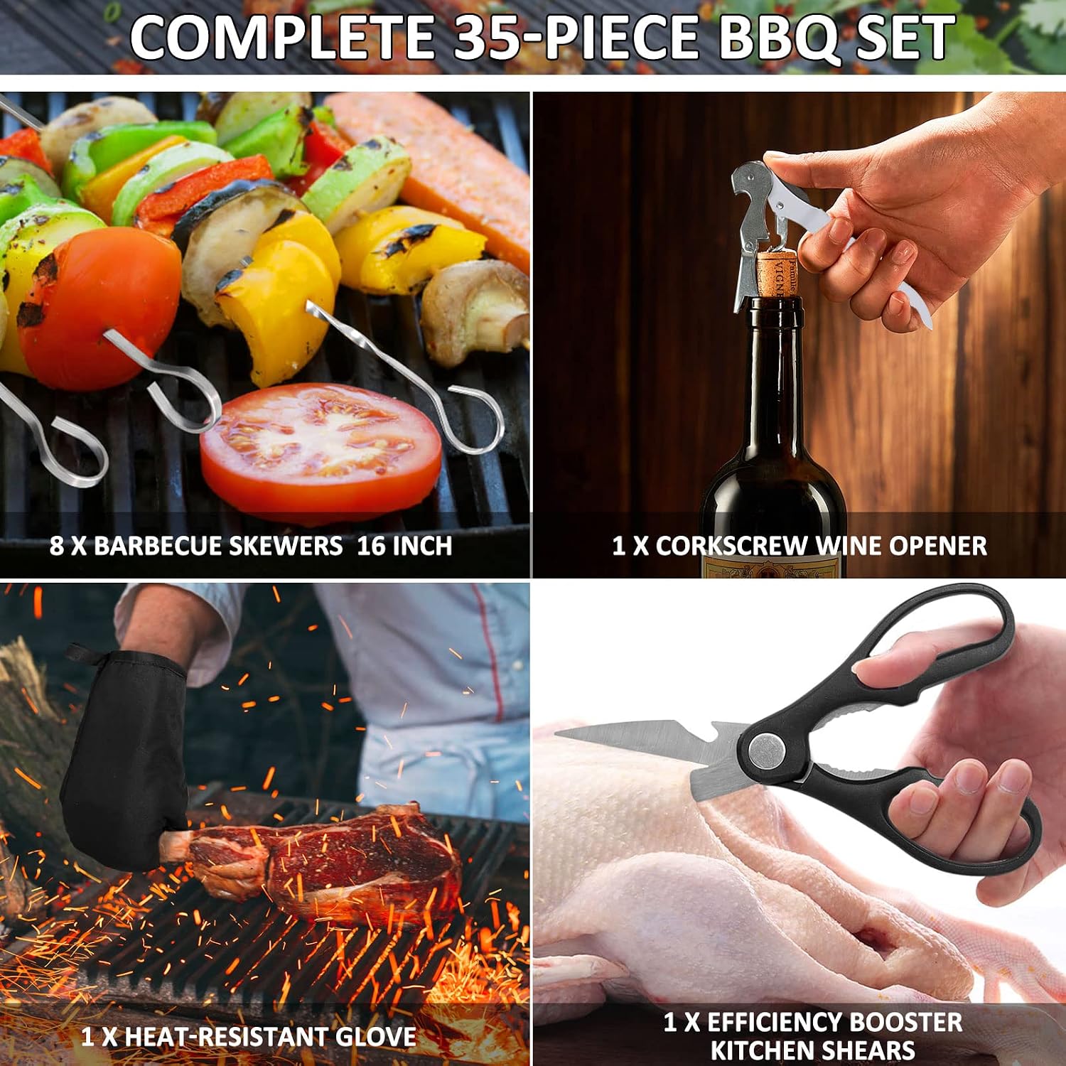 35Pcs BBQ Grill Accessories Tools Set, MCIRCO Heavy Duty Stainless Steel Grilling Tools with Portable Bag, Grill Mats, Thermometer for Backyard Barbecue, Camping, Gifts for Men Women