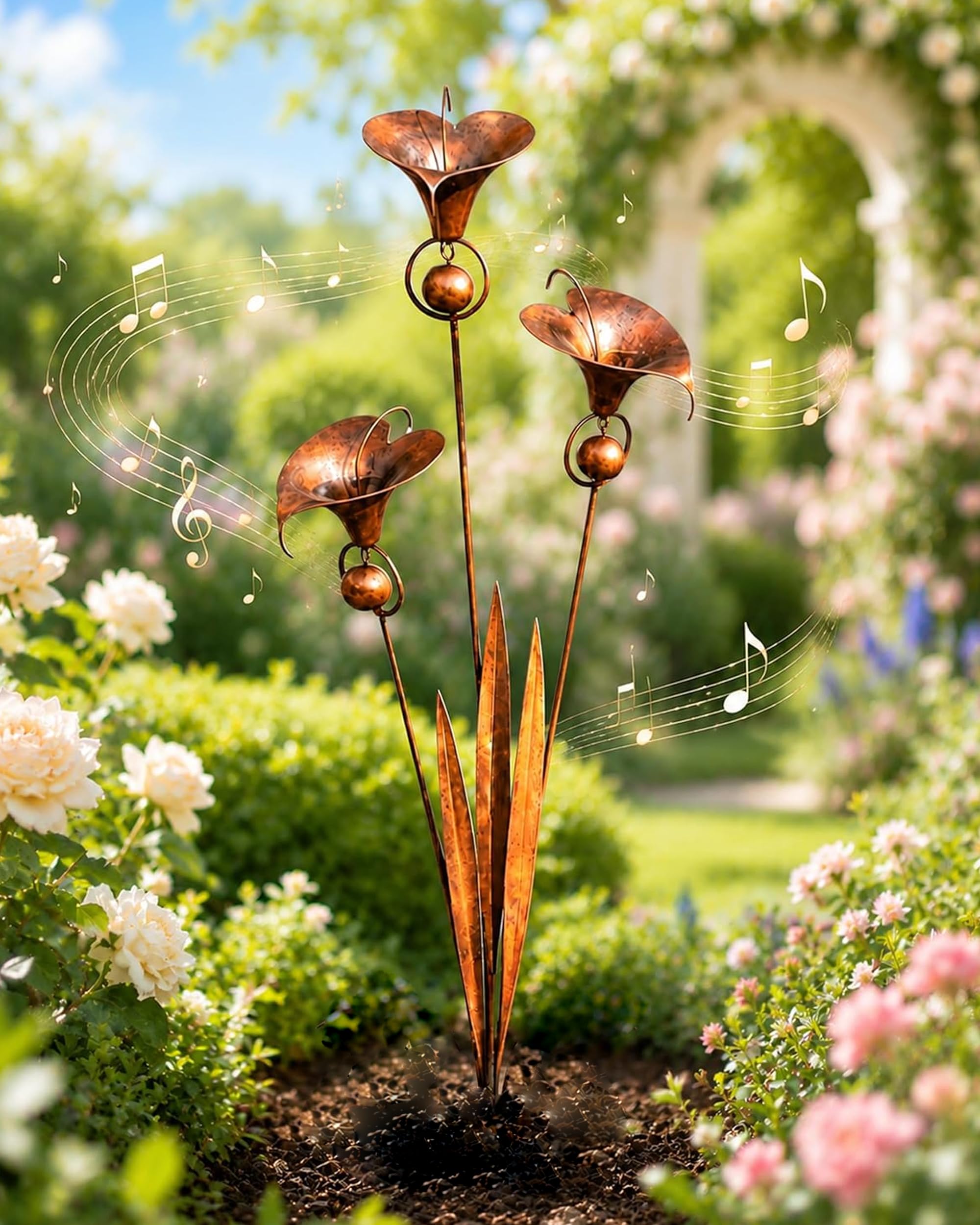 Flamed Copper Three Calla Lilies Garden Stake with Bells, Metal Calla Lily Garden Art Stake & Flower Rain Catcher, Handcrafted Outdoor Yard Art Decor, Grace & Gentle Sound in Every Breeze