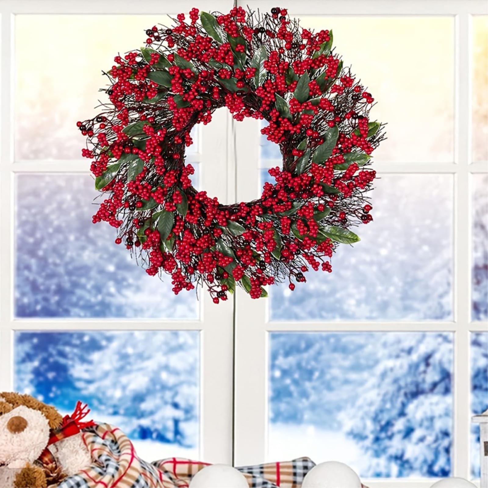Corona Navideña Adorno Colgante Navideño De Acebo Y Bayas para Puertas Y Paredes con Detalles Decorativos En Capas para Entradas