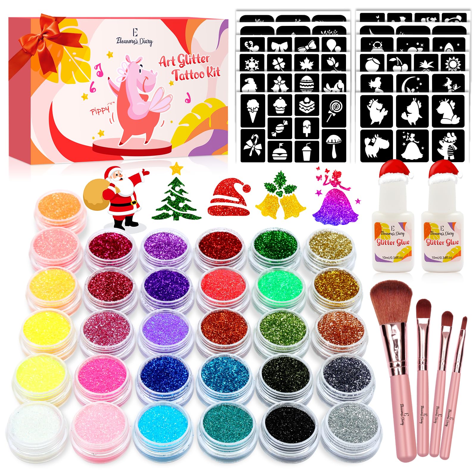Temporary Glitter Tattoo Kids, Eleanore's Diary 31 Glitter Colors,165 Unique Stencils,2 Glue,4 Brushes,Adults & Kids Arts Glitter Make Up Kit, Gifts for Girls Boys Birthday Party Christmas Festival