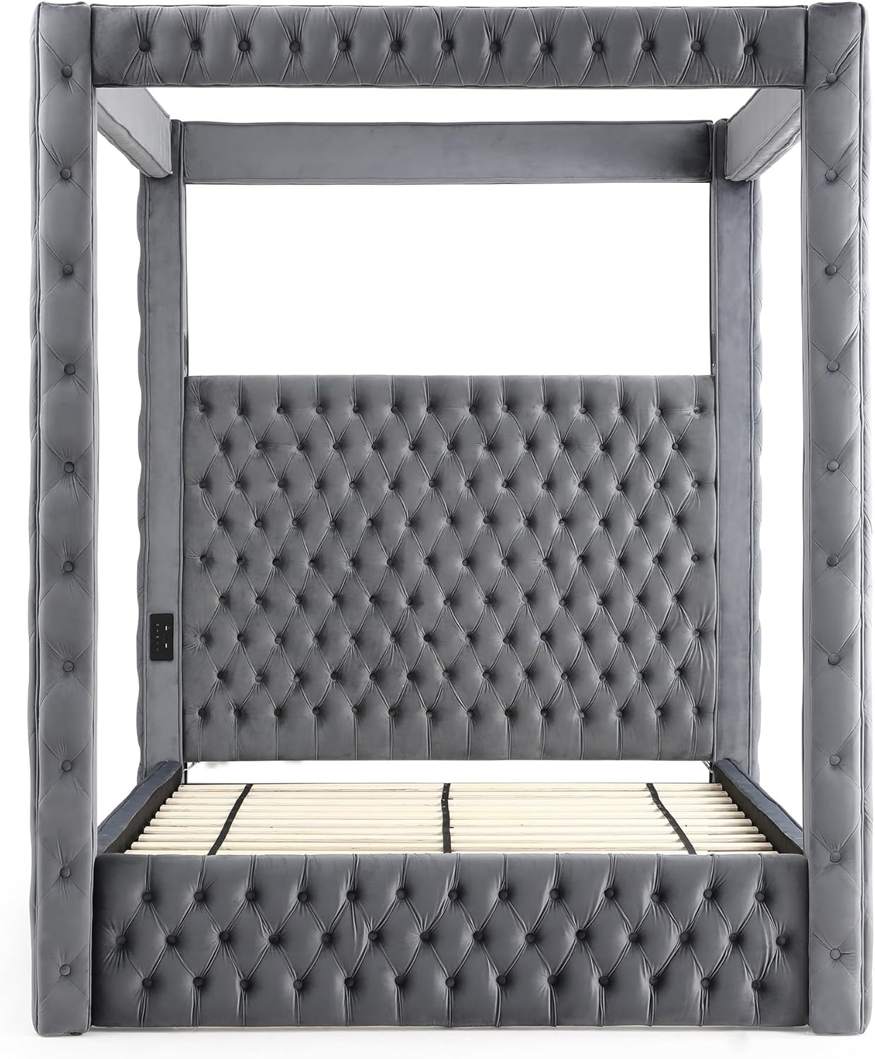 Better Home Products Dream Luxurious Velvet Canopy Bed with Speaker & USB Connection (Gray, Queen)