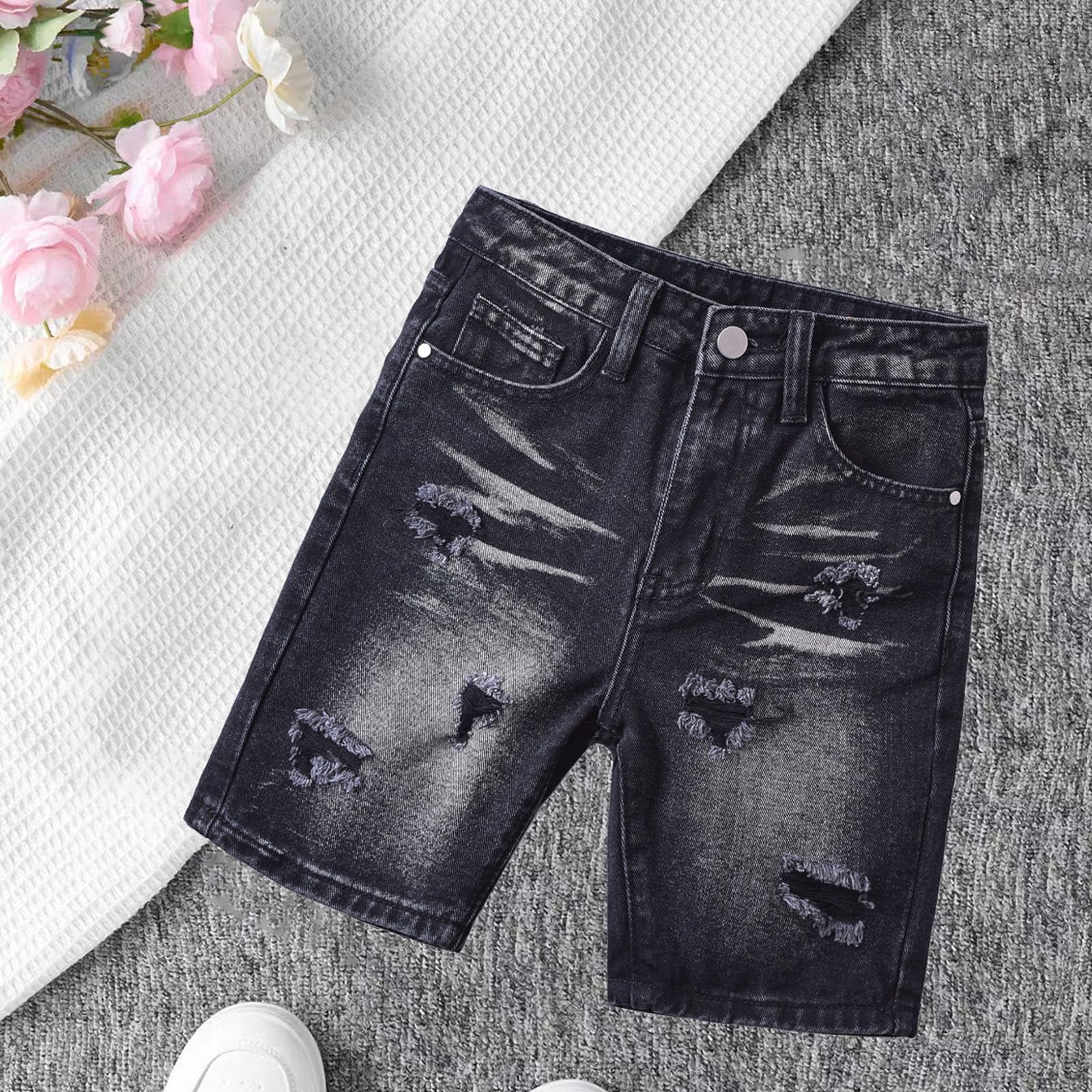 Vaqueros Cortos Niño Niña - Cintura Alta Pantalones Cortos de Mezclilla Rotos para Niños Unisex Pantalon Vaquero Desgastado Corto Recto con Bolsillos Moda Jeans Shorts Verano 4-13 años