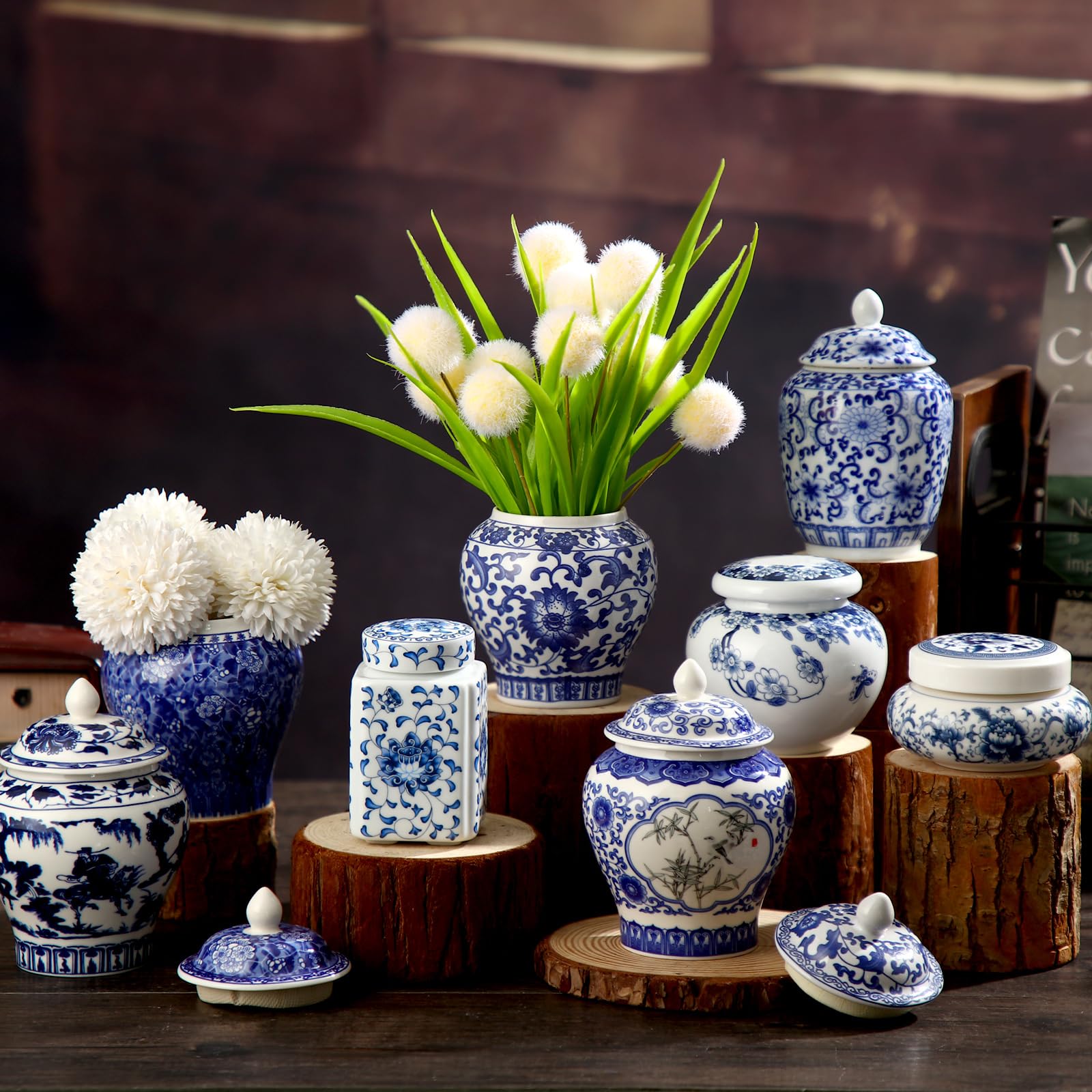 Photo 1 of Funnymoom 8 Pcs Small Blue and White Vase Ceramic Small Ginger Jar with Lid Porcelain Vases Chinoiserie Decor Chinese Ginger Jars for Home Bedroom Tabletop Decor Table Accent Shelf