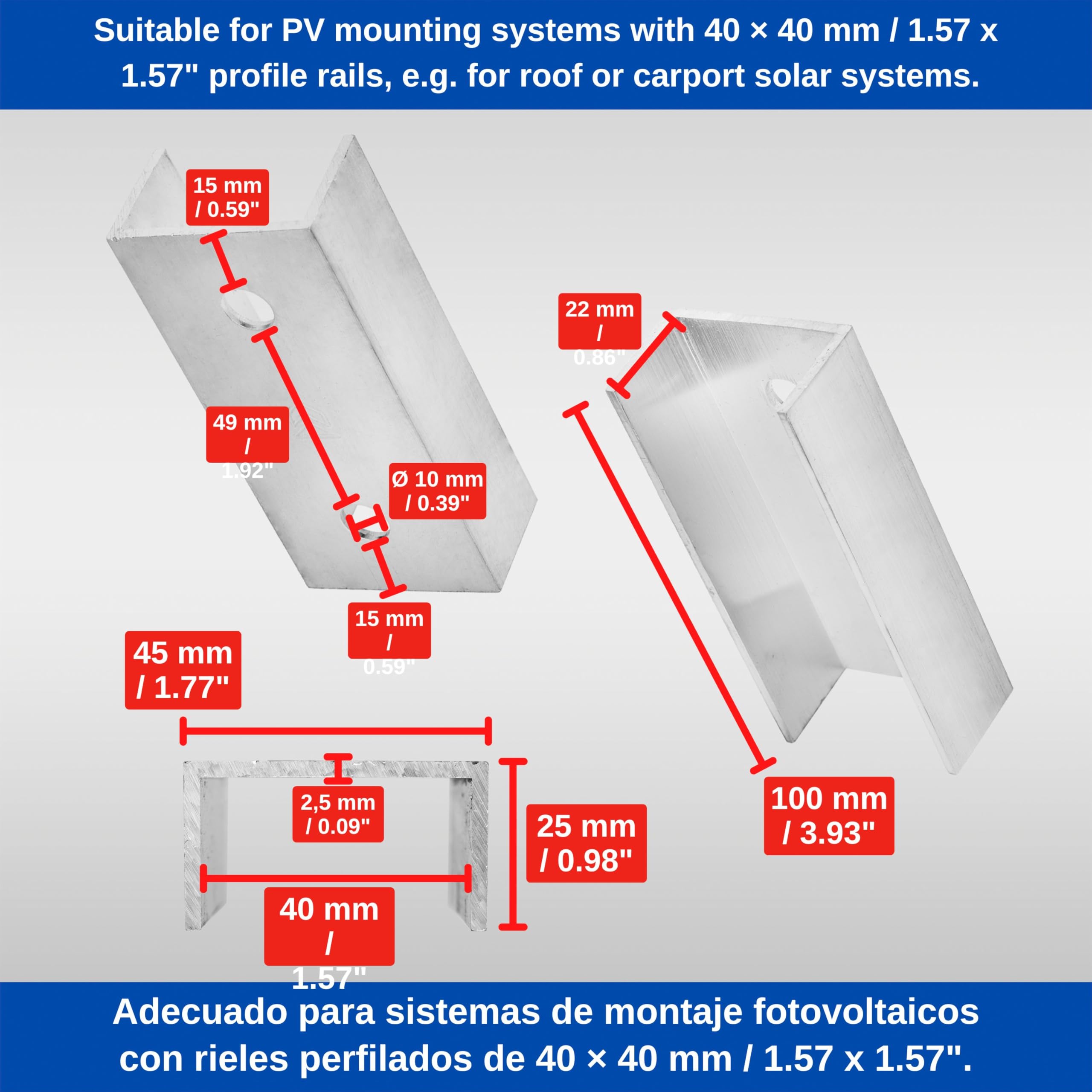 Conector Para Perfil C Fotovoltaico De Aluminio: Fijación Sólida Para Tus Placas Solares (45x25x120mm)