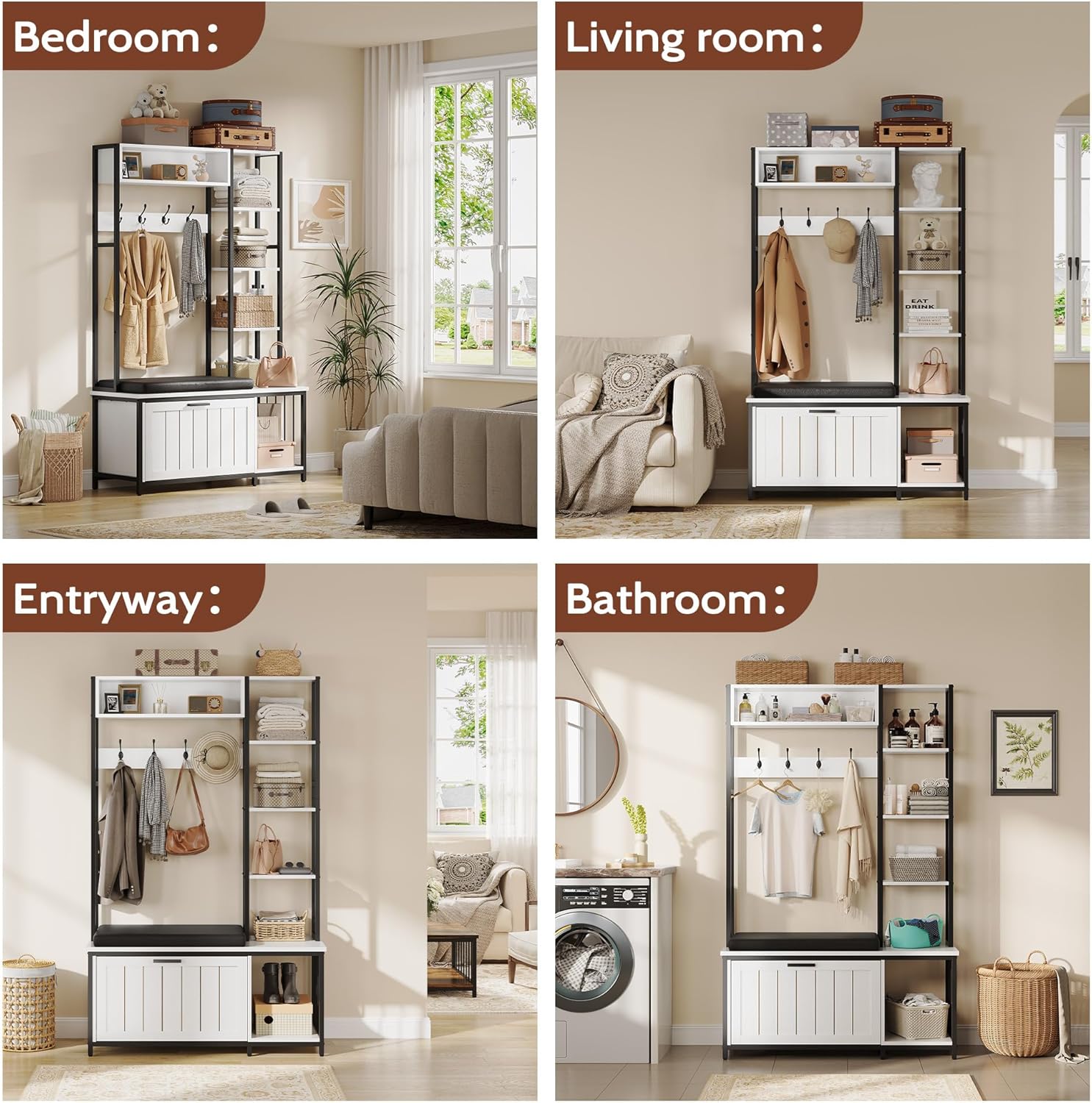 Hall Tree Coat Rack, Hall Tree With Bench and Shoe Storage Shoe With, Mud Room Storage Furniture，39.37 X 15.74 X 69.69 Inches, Rustic White