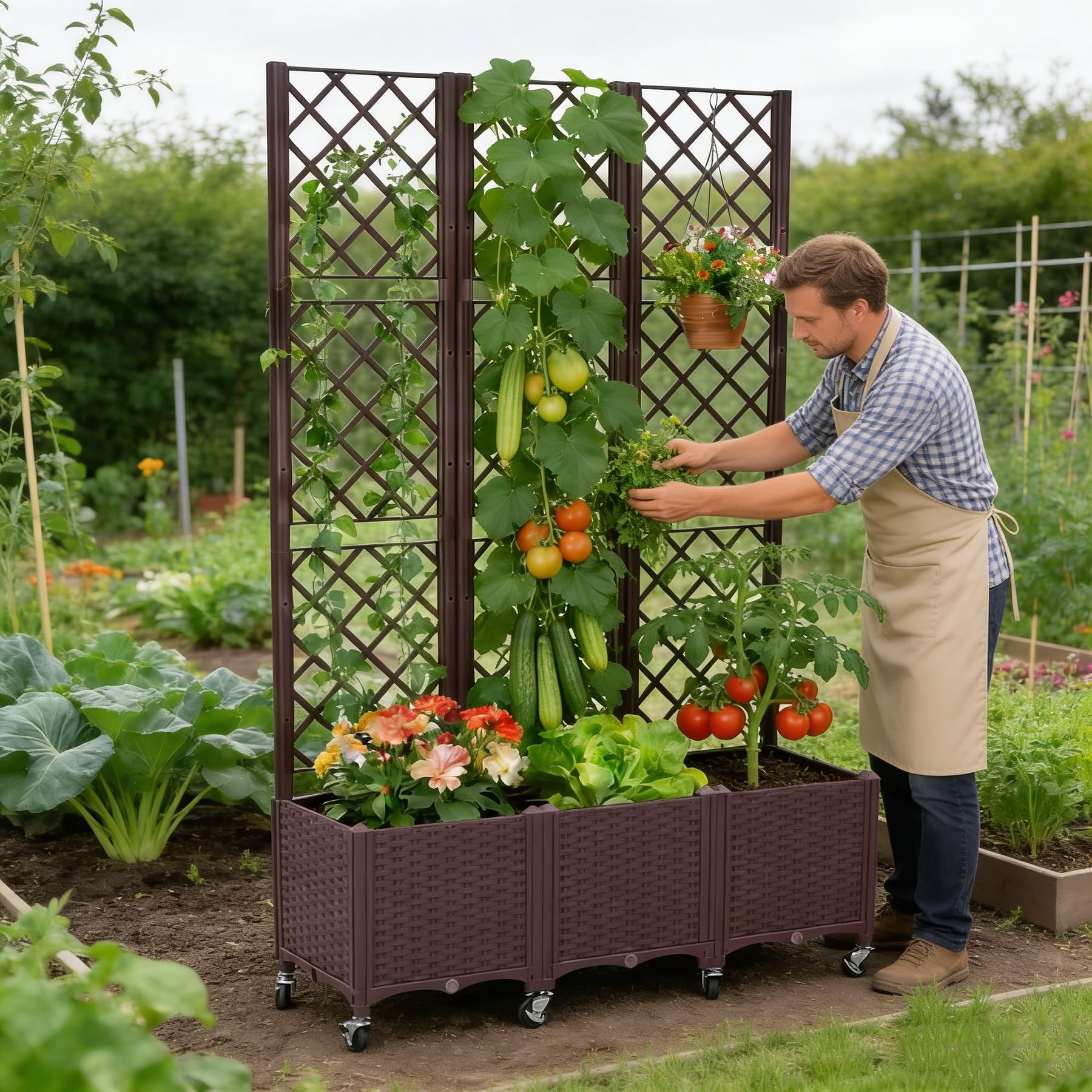 Jardinera elevada con Celosía y Autoriego, Cama de Jardín con 3 Maceteros y 8 Ruedas, Enrejado Soporte para Plantas Trepadoras, Verduras, Flores y Pantalla de Privacidad