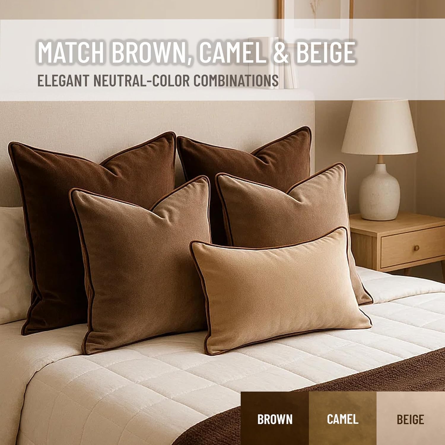 2 Pack Velvet Decorative Throw Pillow Covers, 20"x20", Brown and Camel, Solid, Modern, Contrast Piping, Indoor Use, Bedroom & Living Room