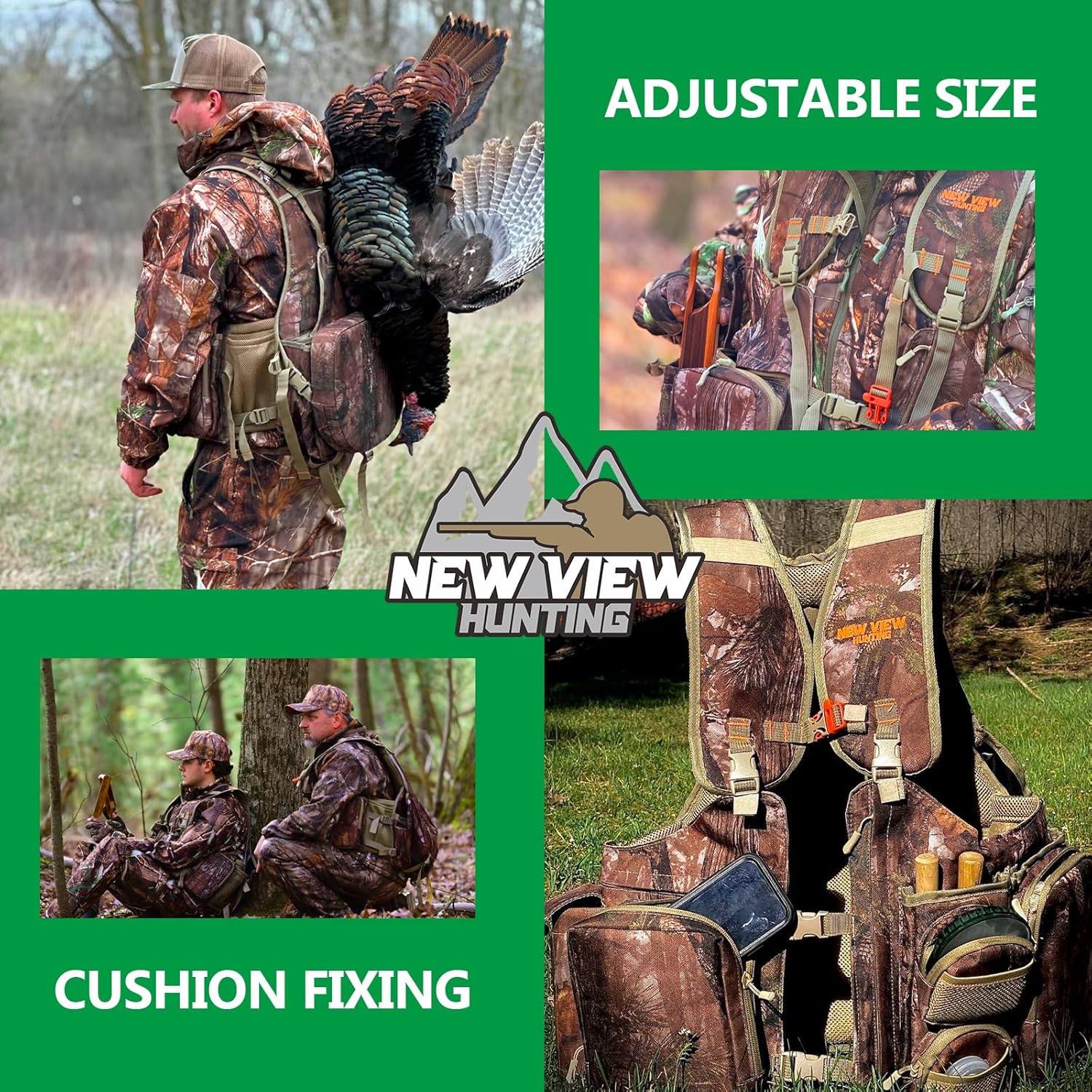 NEW VIEW Turkey Vest with Seat, Adjustable Comfortable Turkey Hunting Vest, Removable Cushion, Game Bag, 20 Pockets, for Turkey Hunters
