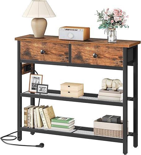 Miniatura 5 de HOOBRO Mesa consola estrecha de 29.5 pulgadas con toma de corriente, mesa de entrada pequeña con 2 cajones de tela, detrás del sofá, estantes de
