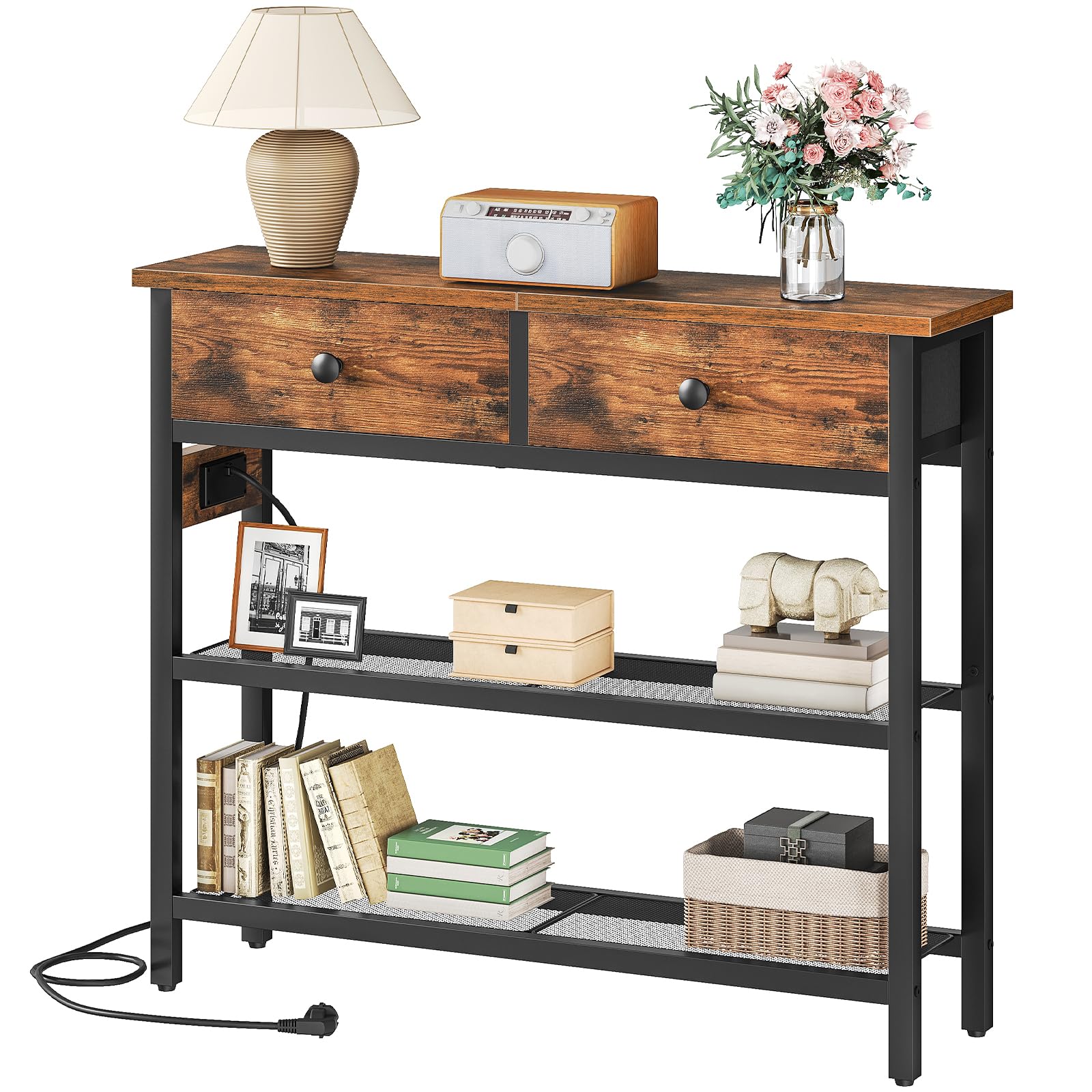 HOOBRO Mesa de Consola de 75 cm, Mesa de Entrada con Regleta, 2 Cajones de Tela, Estantes de Rejilla Metálicas, Expositor, para Entrada, Pasillo, Sala de Estar, Marrón Rústico y Negro EBF72CXG01