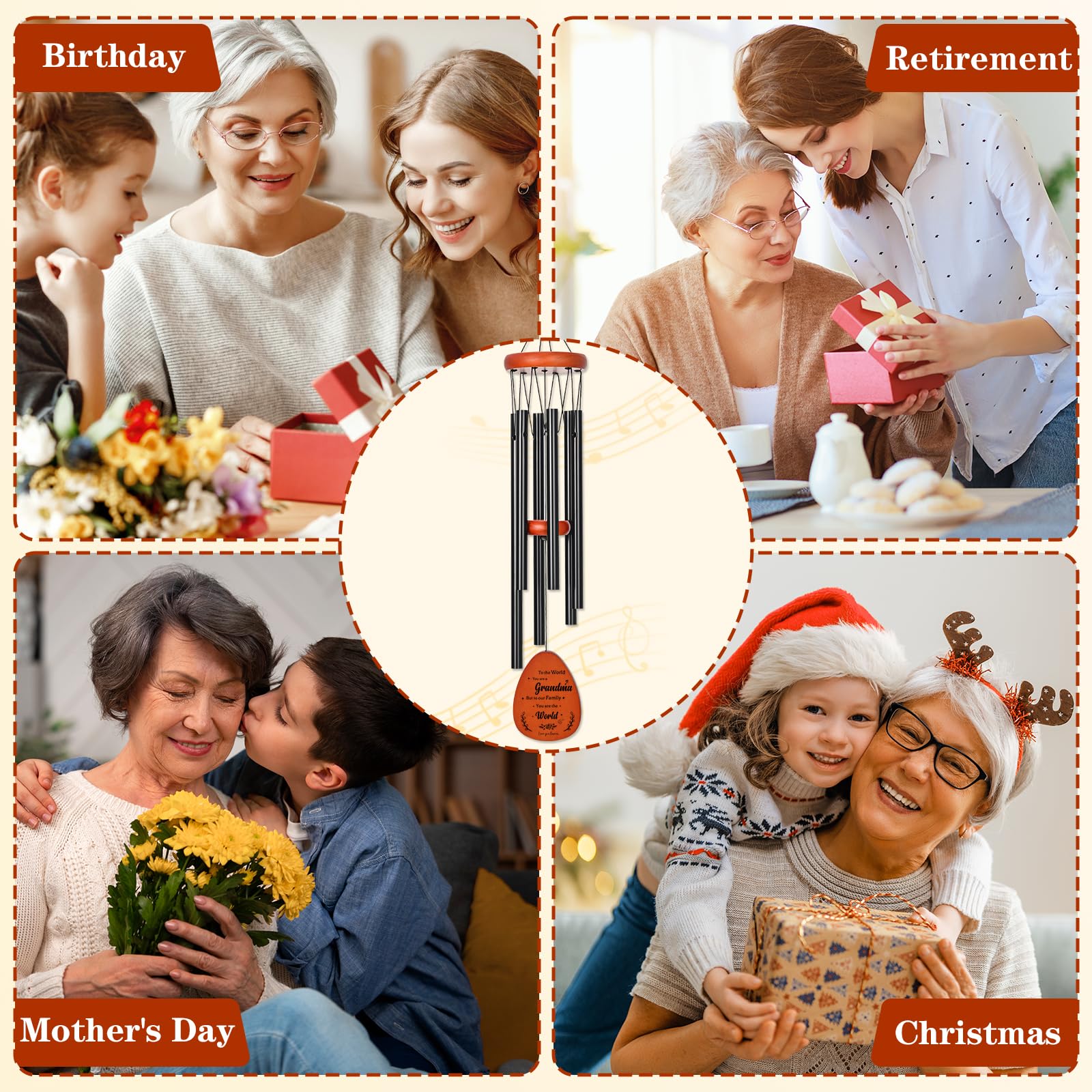 Leebbsin - Carillon à Vent Cadeau Pour Grand-mère - 6 Tubes Aluminium - Design Floral Gravée - 91.4 Cm