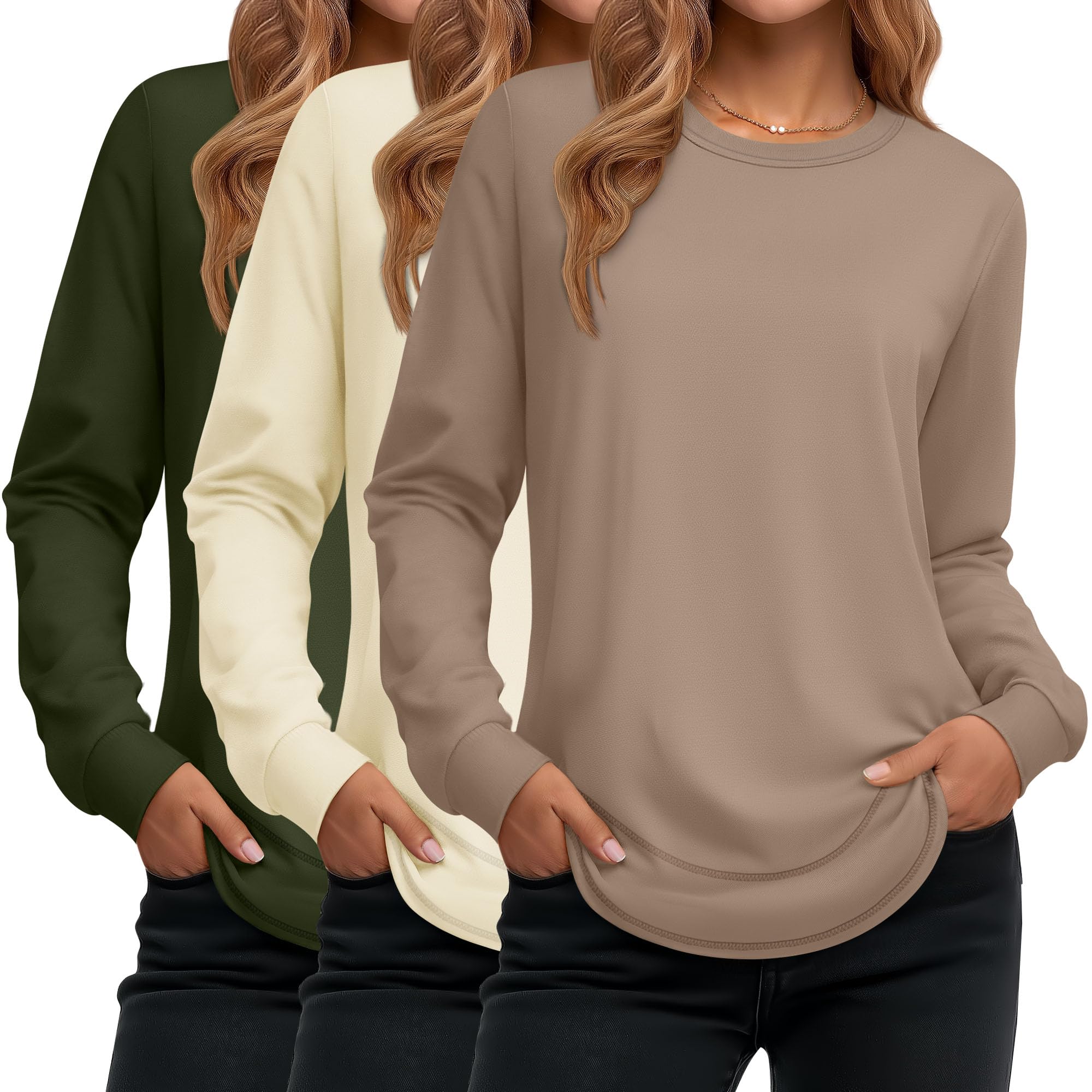 Ficerd 3 Pack Womens Long Sleeve Shirts Cotton Crew Neck Tunic Tops Casual Loose Fit Pullover Sweatshirts Curved