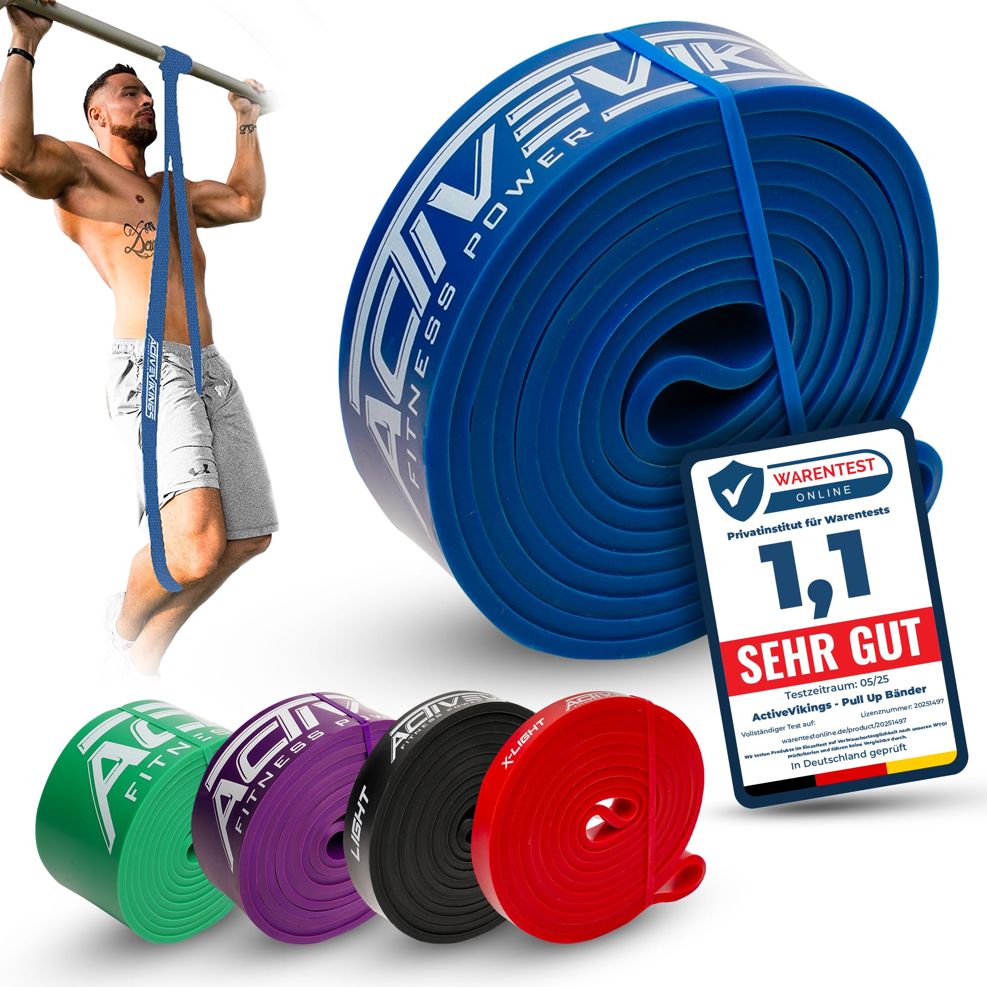 ActiveVikings® Pull-Up Fitnessbänder | Perfekt für Muskelaufbau und Freeletics Calisthenics | Fitnessband Klimmzugbänder Widerstandsbänder (C - Blau : Medium (Mittelstarker Widerstand))