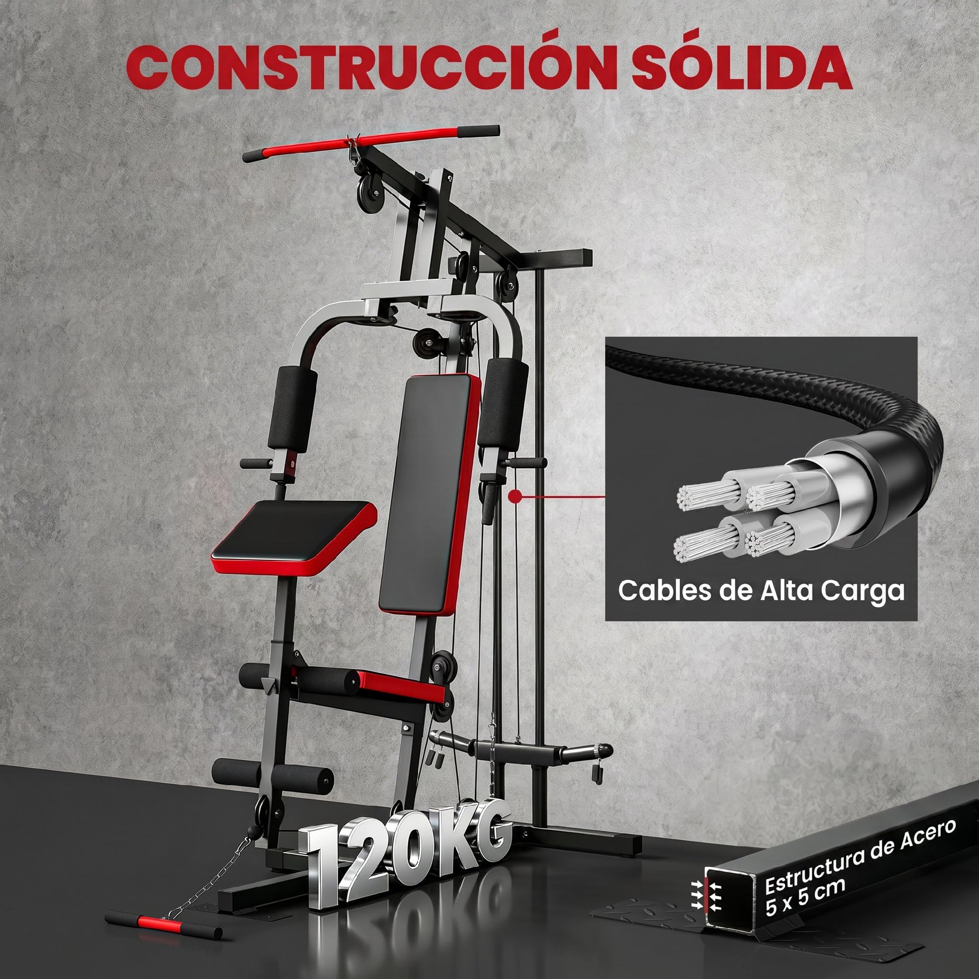 SPORTNOW Multiestación Musculación, Máquina de Musculación con Polea Alta y Baja, Prensa de Pecho, Curl de Piernas y Bíceps, Mariposa, Compatible con Discos 25 y 50 mm Carga 120 kg para Gimnasio Casa