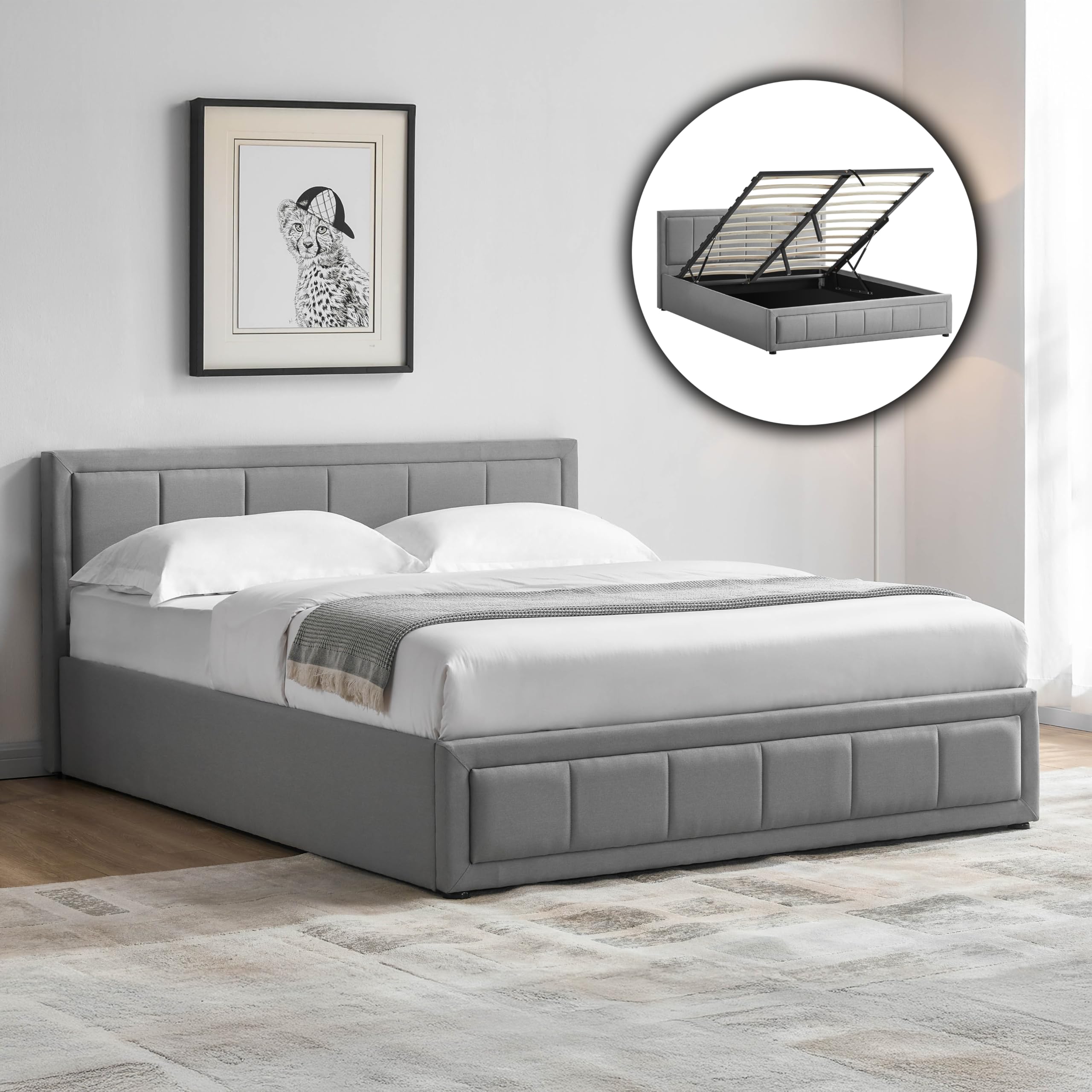 Vida Designs Vanita King Ottoman Bed Frame | Light Grey | 85 H x 161 W x 216 D cm | Upholstered Fabric | Cushion Headboard | Gas Lift | Large Storage | Space-Saving | Premium Bedroom Furniture โ image 1