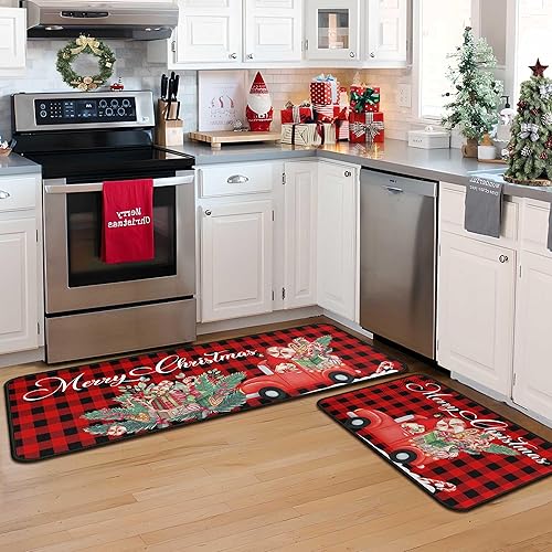 Miniatura 3 de Buffalo - Juego de 2 alfombras de cocina de Navidad con diseño de camión rojo a cuadros, antideslizantes, lavables, suaves y cómodas (17 x 47