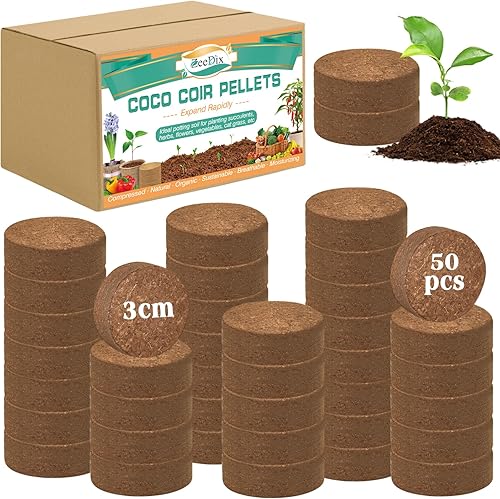 ZeeDix 50 pellets de coco (1.181in) de tierra orgánica para macetas para plantar tierra de coco comprimida, tierra de coco para interiores o
