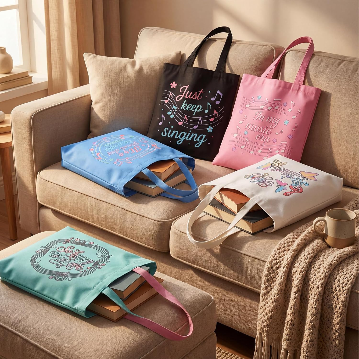 12 Pcs Music Gifts Tote Bag for Women Musical Theater Gifts Reusable Grocery Canvas Shopping Bag for Music Lover, Theater Actors, teacher, Choir, Makeup, Birthday Party Favors Supplies