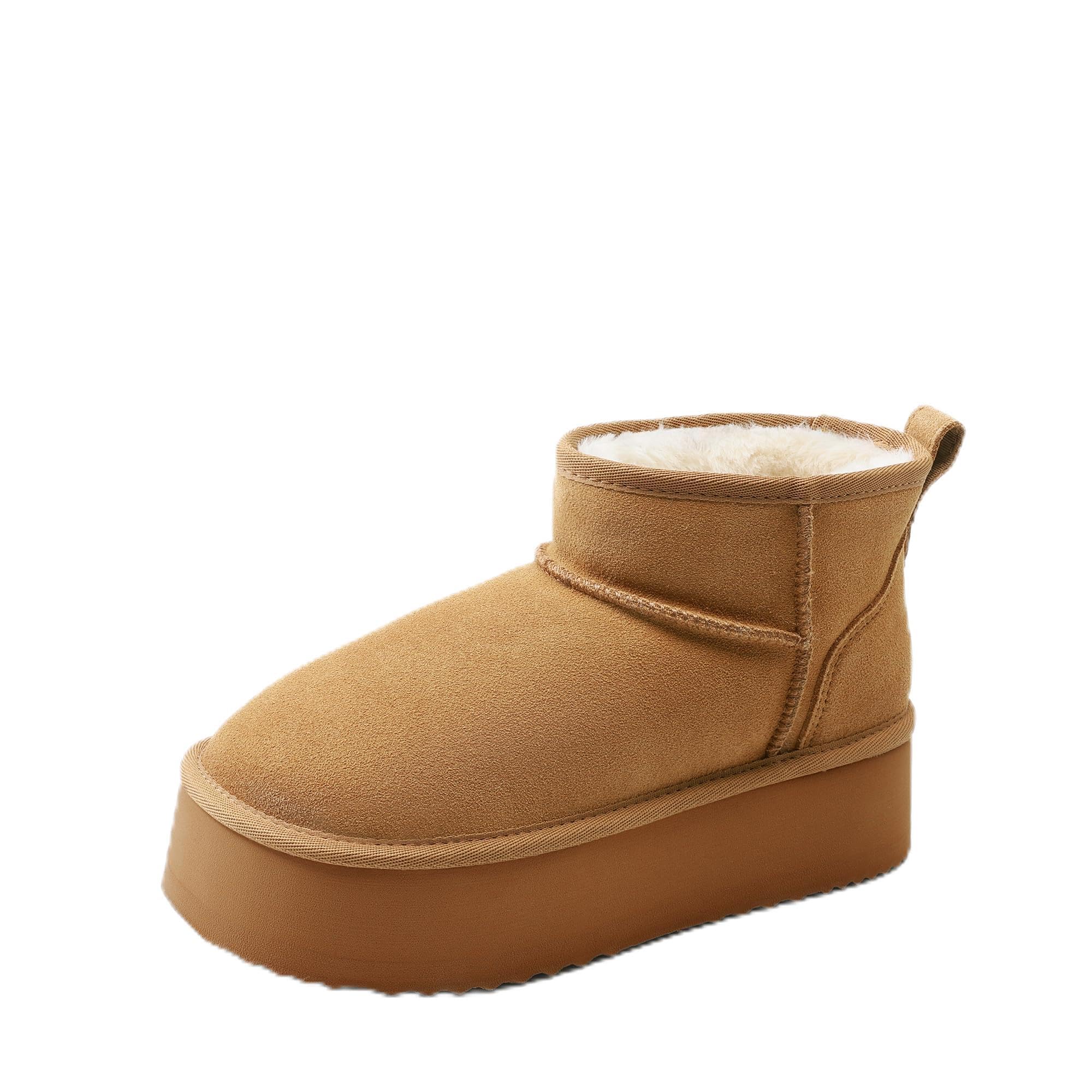 DREAM PAIRS Platform Winter Boots for Women Genuine Suede Wide Toe Water Slip Resistant Ankle Mini Snow Boots