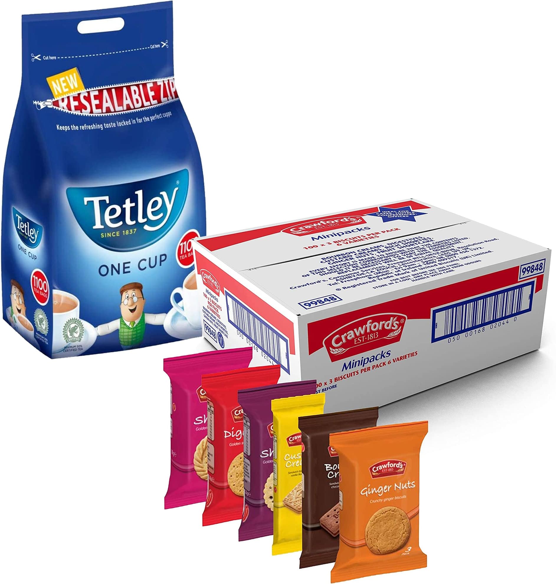 Bundle of Crawford's Assorted Mini Biscuit Packs 1x100 & Tetley One Cup Tea Bags 1x1100 - Ideal for Snacks, Catering, Packed Lunch, and Office Breaks