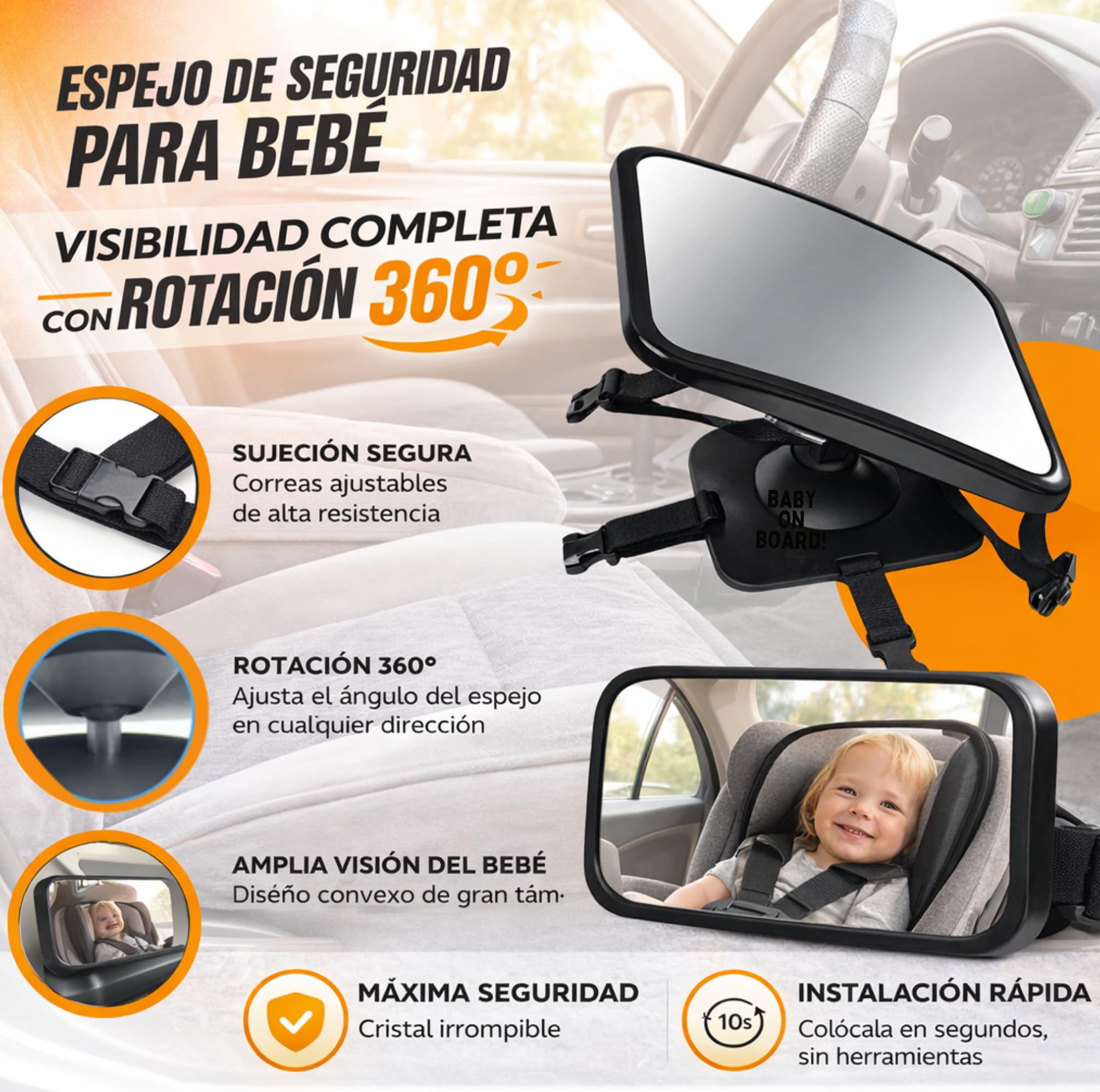 | BEBIKIS® SUPER PACK De Espejo Coche Para Bebe 100% IRROMPIBLE Para Asiento Trasero Con ROTACIÓN 360º + 2 Parasoles + Placa Baby On Board | Espejo Para Ver Al Bebé a Contramarcha En El Coche