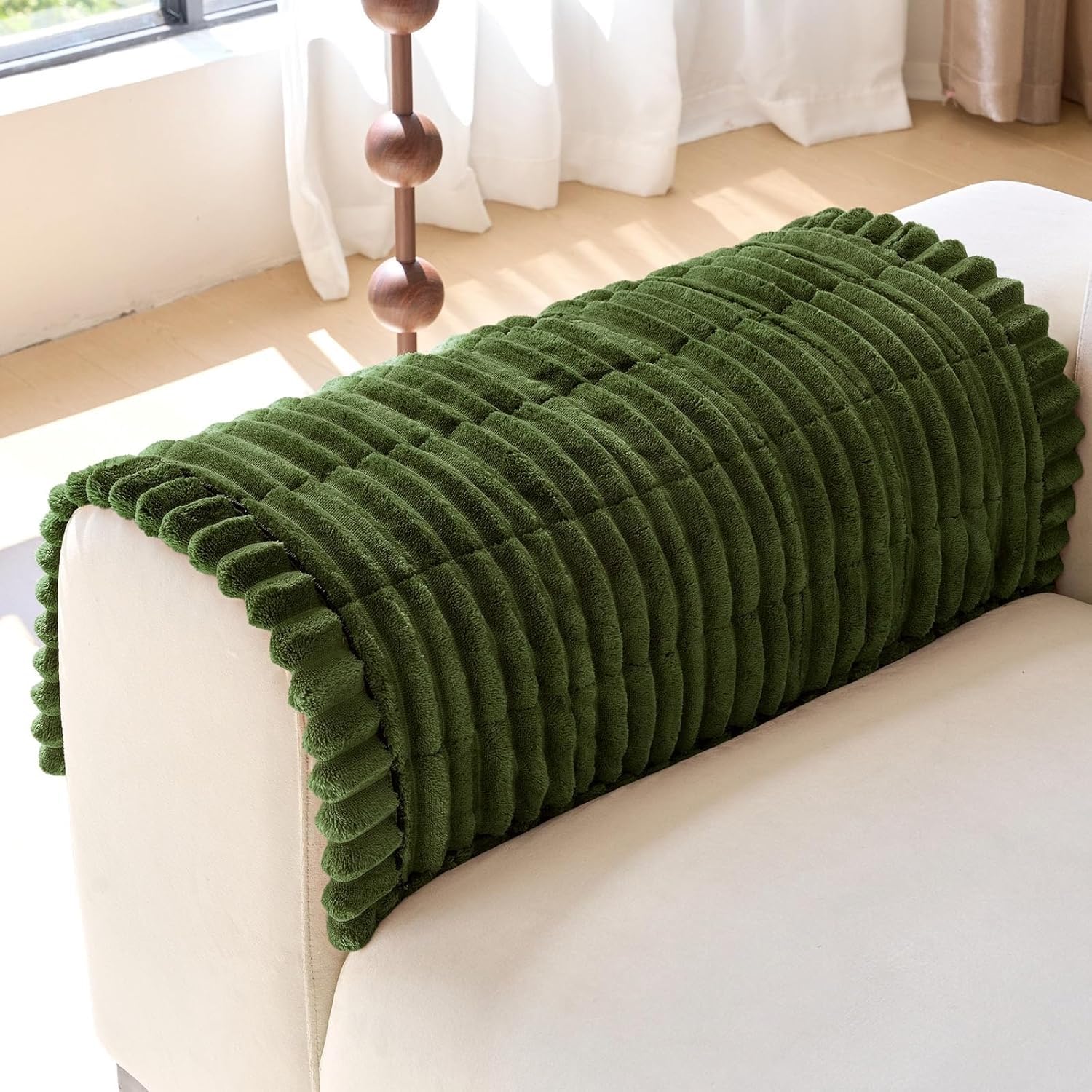 Set of 2 Faux Fur Couch Arm Cover Back Covers, Non-Slip Chair Arm Covers, Soft Fuzzy Arm Rest Cover for Sofa, Armchair Slipcovers Couch Protector for Dogs Cats(Dark Green,24x35 inch(Pack of 2))