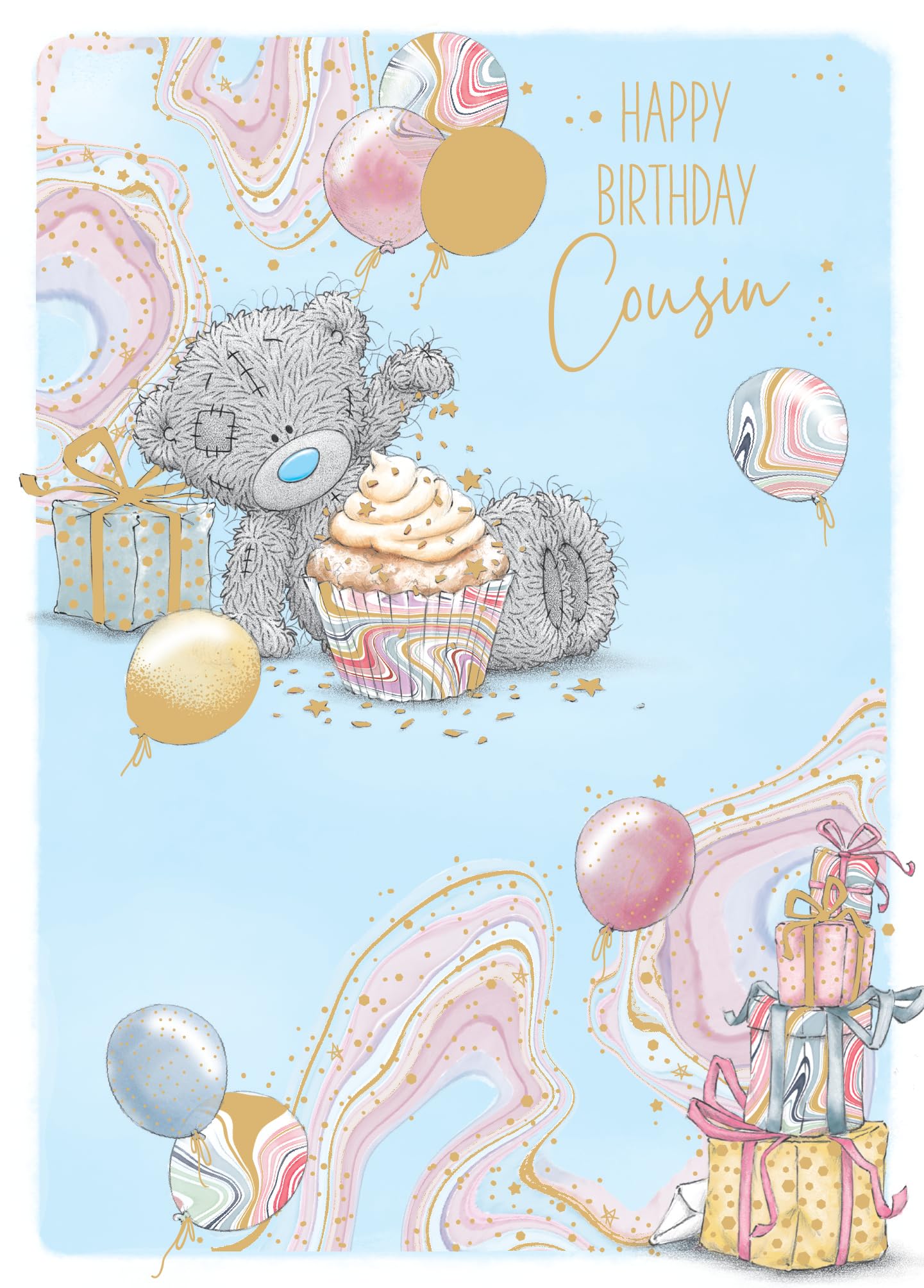 Me To You Tatty Teddy Luxury Gold Foil 'Happy Birthday Cousin' Premium Card, Bear With Cupcake, Gift Boxes And Balloons, 7 X 5 Inches - Official Collection
