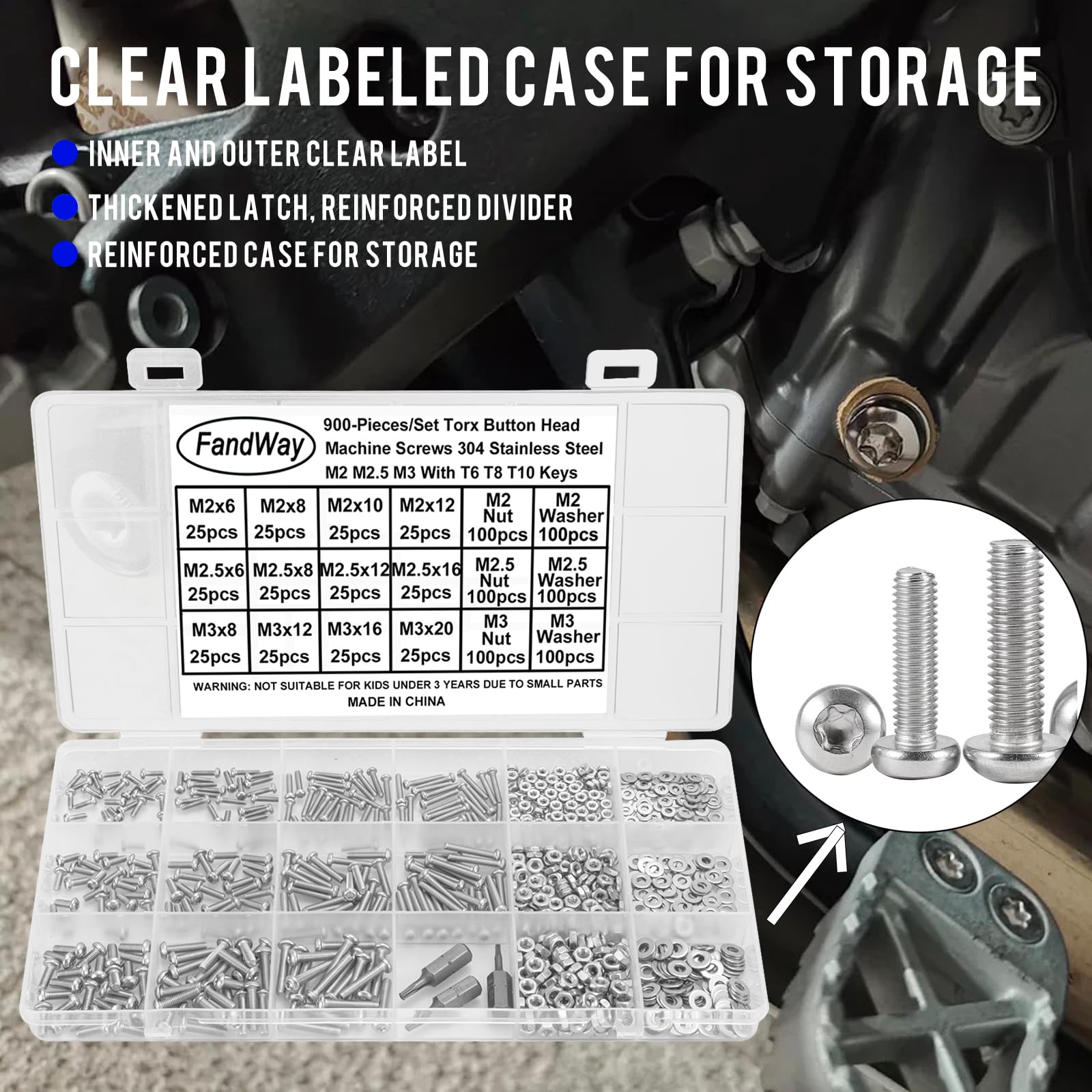 M2 M2.5 M3 Torx Viti per Metallo e Dadi, 900 Pezzi Viti a Testa Rotonda Torx, Bullone e Dadi Rondelle, Bulloni Testa Bombata Completamente Filettati in Acciaio Inox 304.