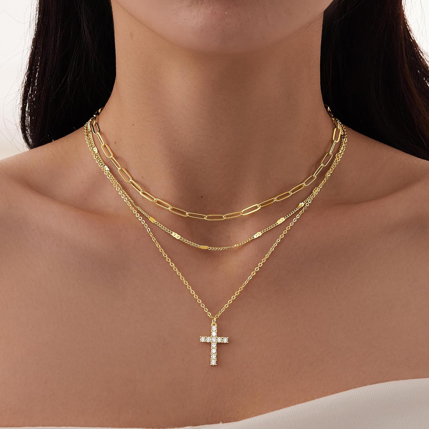 Layered Gold Necklaces for Women, Stackable Dainty 14K Gold Silver Plated Trendy Simple Heart Diamond Cross Bow Circle Pendant Paperclip Choker Dot Chain Necklace,Jewelry Set Gifts for Women - Image 9