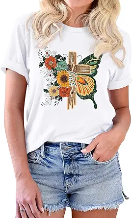 Camiseta de manga corta con estampado de mariposas y flores para mujer, estilo casual, holgada y de verano