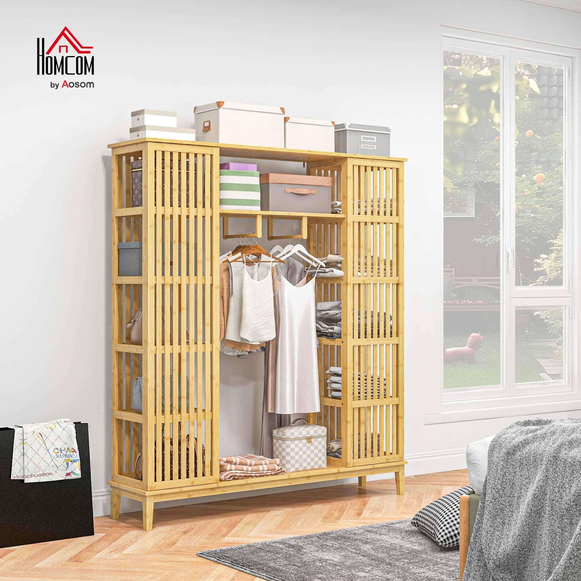 HOMCOM Armoire penderie en Bambou Armoire de Rangement avec 2 Portes coulissantes, étagères Ouvertes et Tringle pour la Chambre à Coucher, 145 x 35 x 165cm, Finition Bois Naturel
