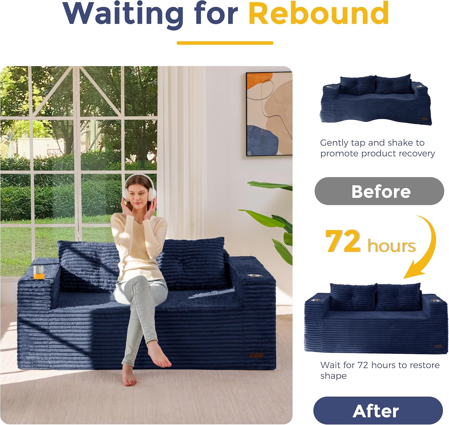 MAXYOYO 63" Boneless Loveseat Sofa Couch for Small Spaces, Mini Love Seat Floor Couch with Cup Holders and Pillows, 2-Seater Upholstered Cloud Couch for Bedroom Apartment, No Assembly Required